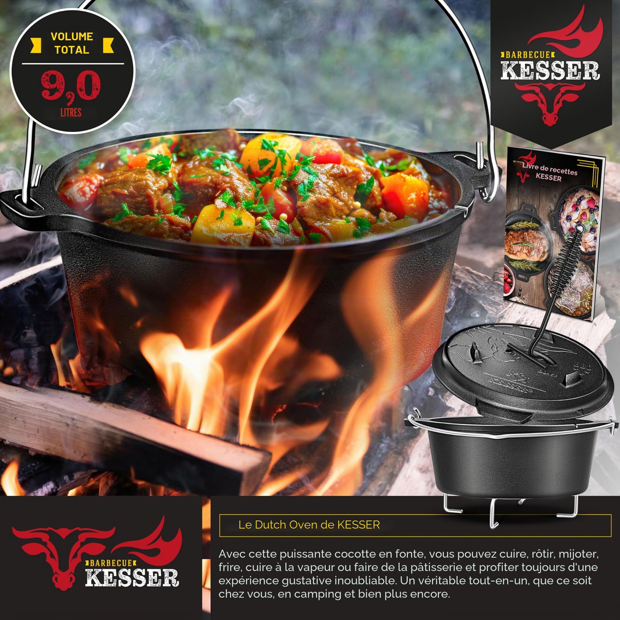 KESSER® Dutch Oven Set BBQ 9 litres, Marmite à feu avec dessous de plat en acier inoxydable, Casserole en fonte avec anse pour soulever le couvercle et fente pour le thermomètre, marmite de cuisson
