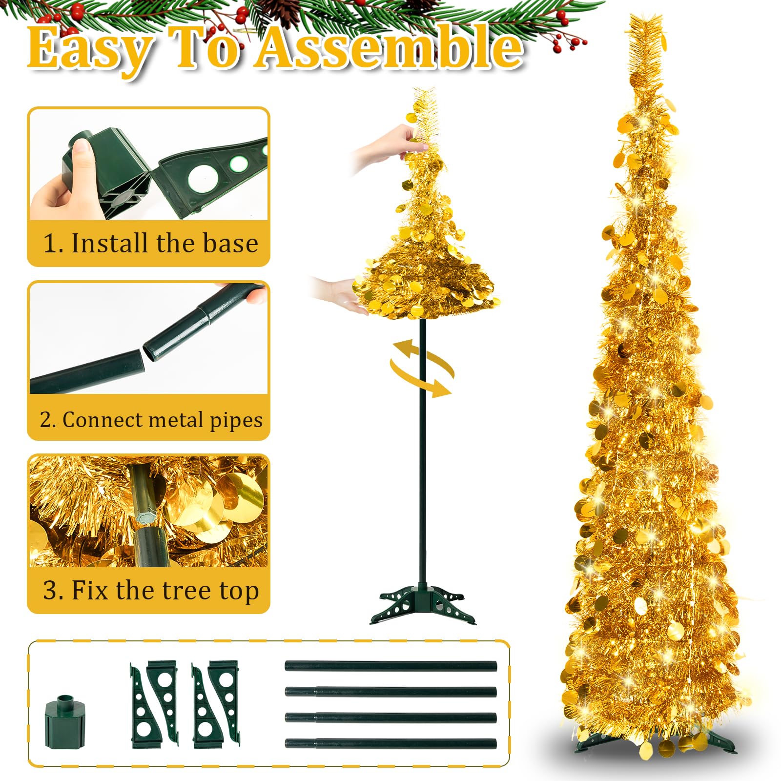 Sapin de Noël pop-up de 1,5 m, pliable et fin - Sapin artificiel fin pour décoration de la maison - Doré