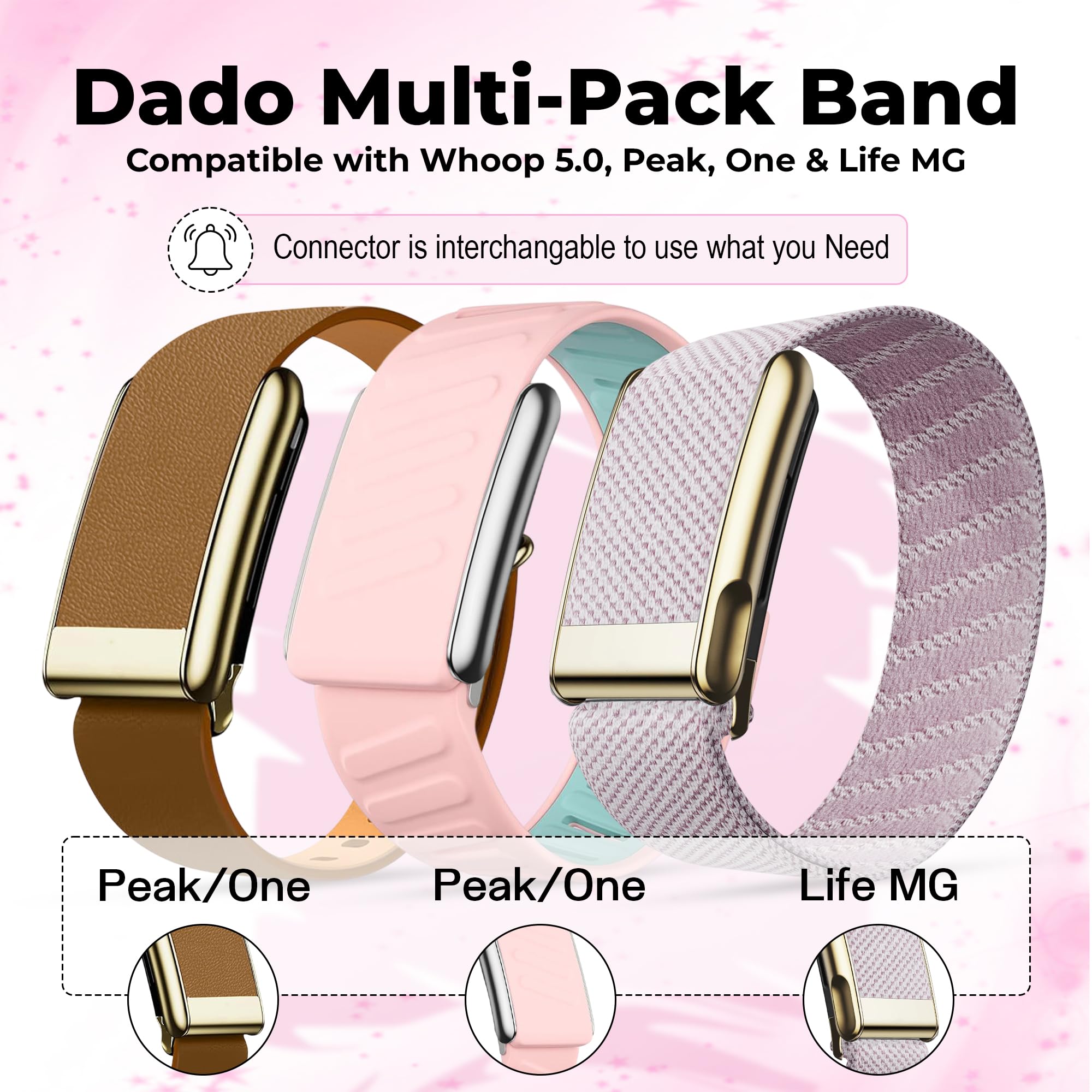 DADO Lot de 3 bracelets WHOOP 5.0 pour femme – Sangles de poignet élégantes, flexibles et confortables tout au long de la journée avec curseur réglable en acier inoxydable – Conçu pour un usage