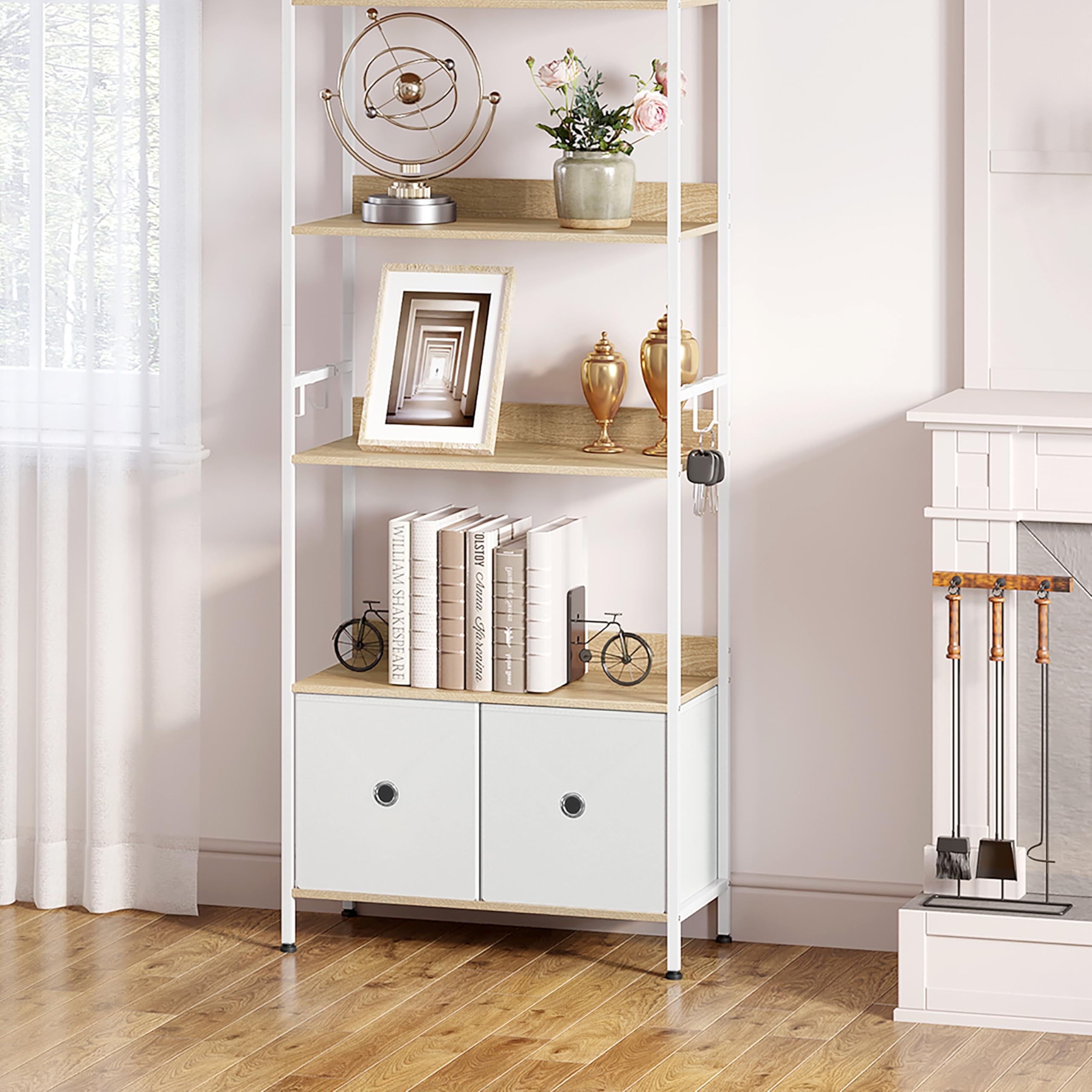 WOLTU Libreria a 5 Piani con 2 Cassetti, Scaffale di Stoccaggio a Pavimento, Moderno, Struttura in Acciaio, Soggiorno/Ufficio/Studio/Cucina/Camera da Letto, Rovere Chiaro+Bianco, RGB62whe