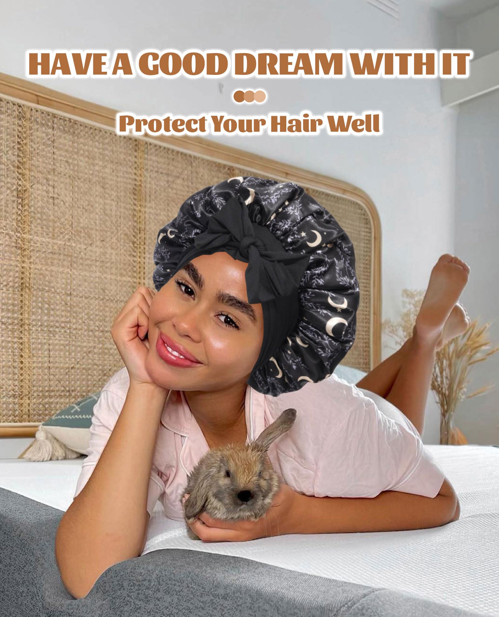 Satin Bonnet Silk Bonnet for Sleeping Silk Sleep Cap Double Layer Hair Bonnet with Elastic Tie Band for Curly Hair Night Cap (Black stars and moon+Black): One Size Black stars and moon+Black
