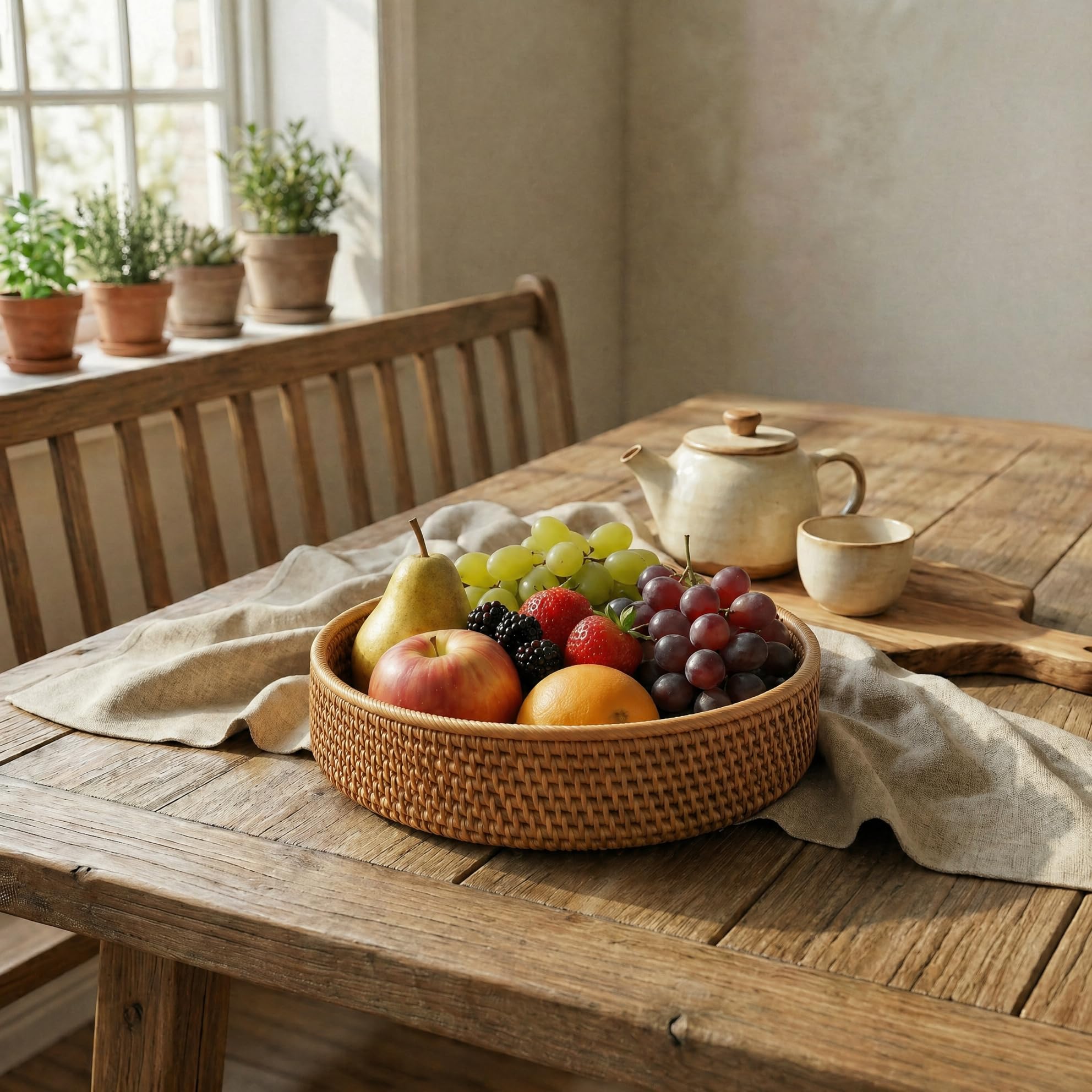 Cesto di Frutta Rotonde in Rattan, Ciotole in Cesta di Vimini Naturali, Organizer in Intrecciate per Cucina/Sala da Pranzo (Rotondo)