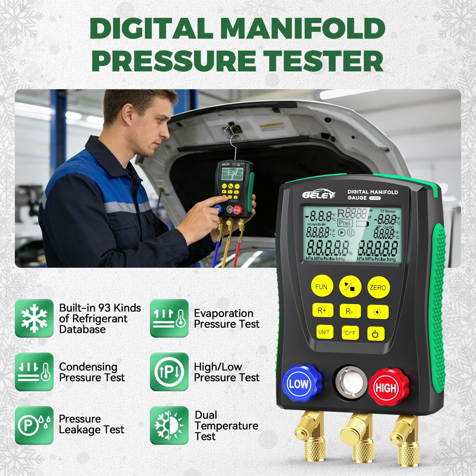 Digitales Manifold Gauge Set HVAC Manometer für 93 Kältemittel R410a R32 R22 Vakuumpumpe Klimaanlage Tester mit Temperatur-Clips 1.5m Schläuchen