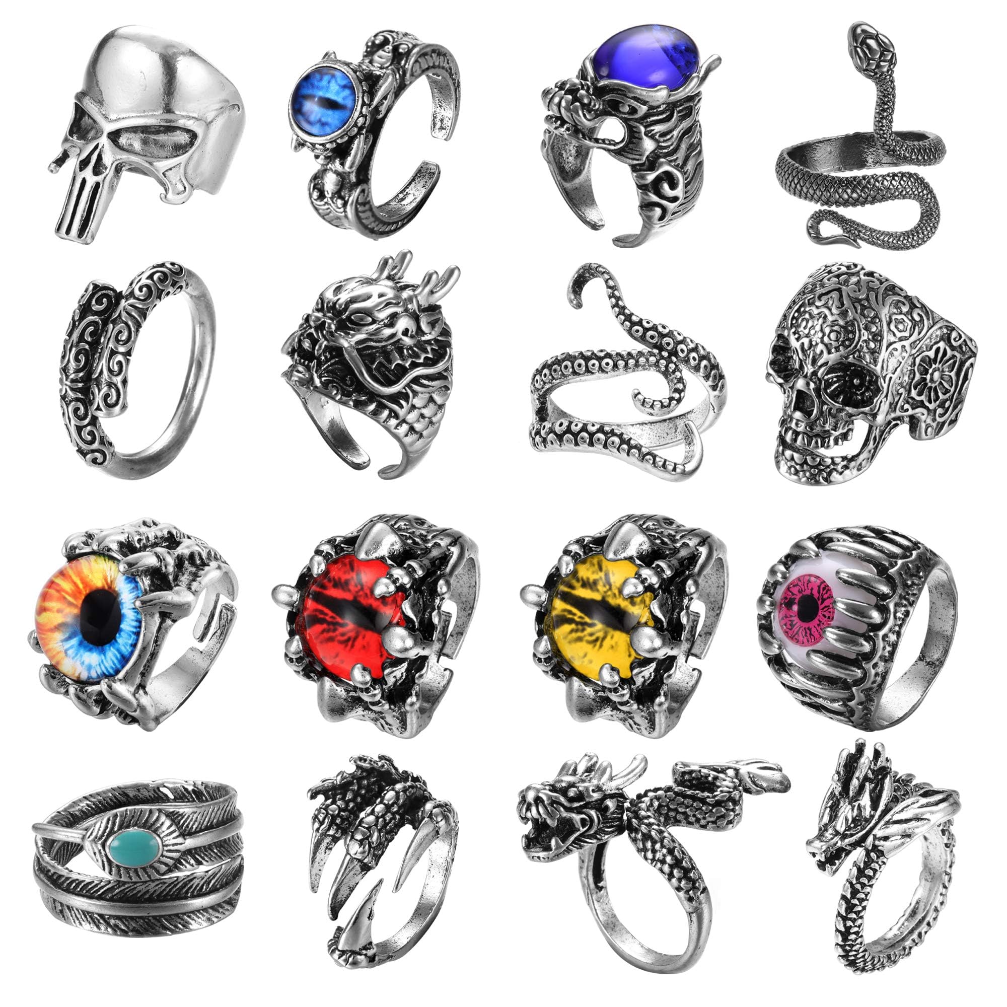 16 Pieces Vintage Punk Rings for Men Women Gothic Rings Black Dragon Snake Claw Skull Octopus Eyes of Hell Open Adjustable Rings Set