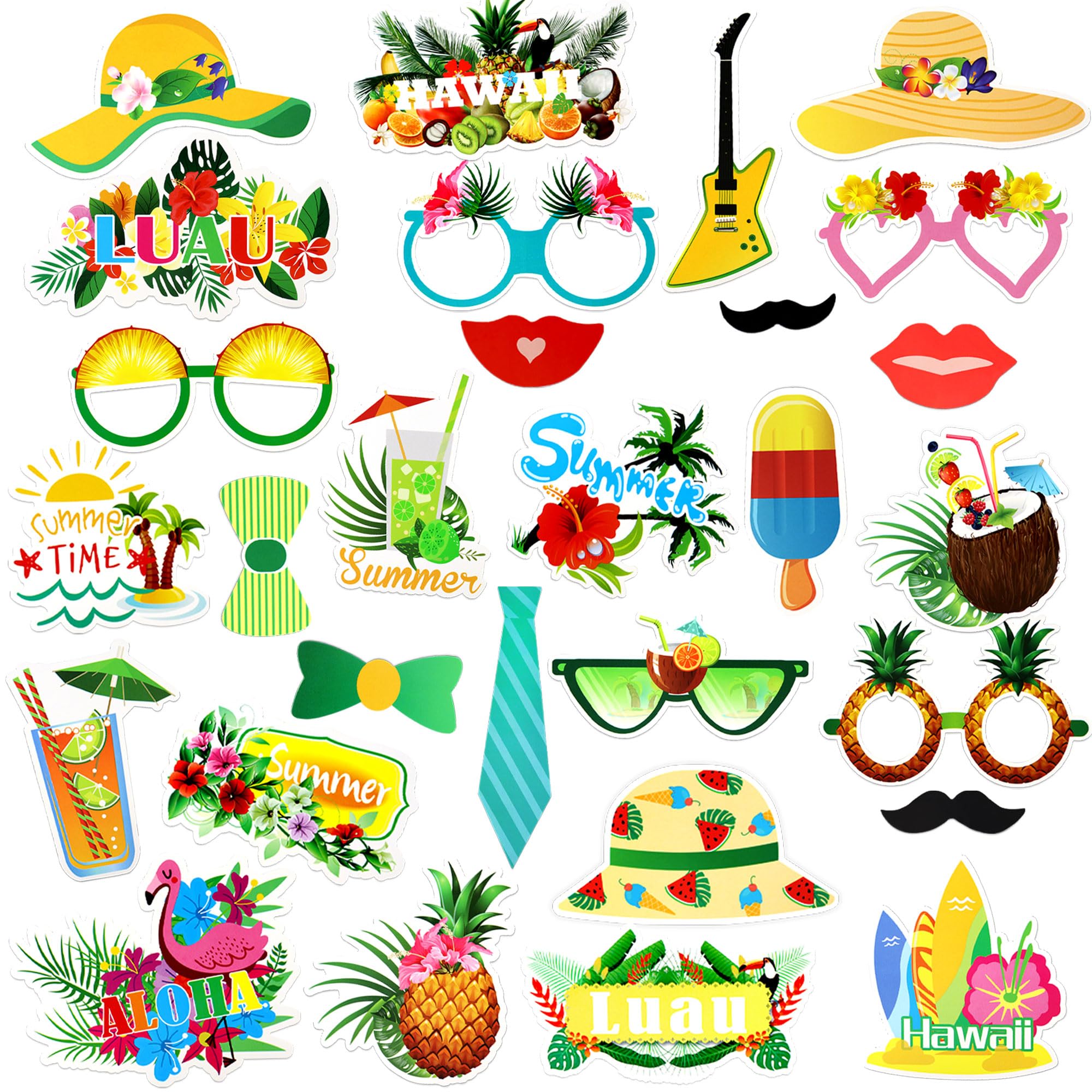 Eacadio 29 Pack Hawaii Photo Booth Props Kit Beach Summer Pineapples Photo Props Hawaiian Party Photo Props Hawaiian Tropical Photo Selfie Props for Aloha Summer Party Decor Supplies