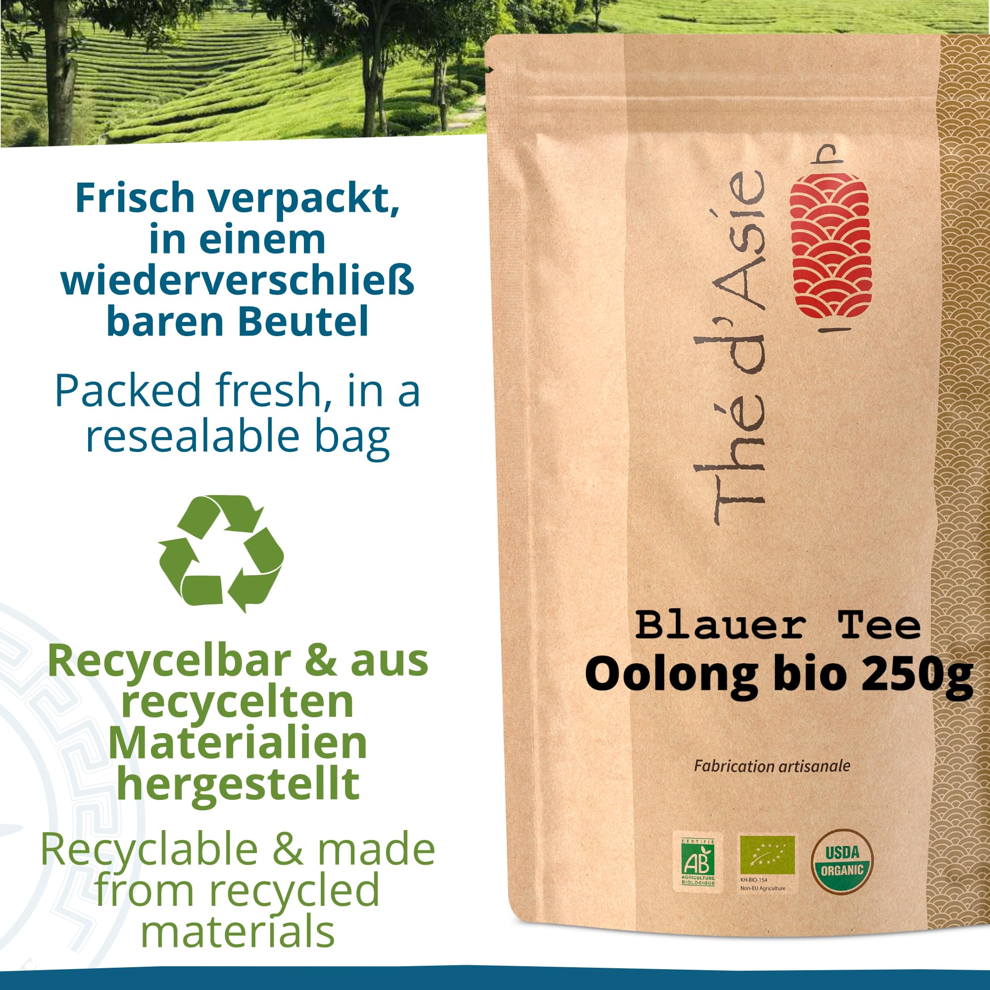 Khla - Oolong Bio 250g - Blauer Tee - Natürlicher Loser Asiatischer Tee aus China - Biologisch, Lose und Geschnitten - Kräutertee & Aufguss