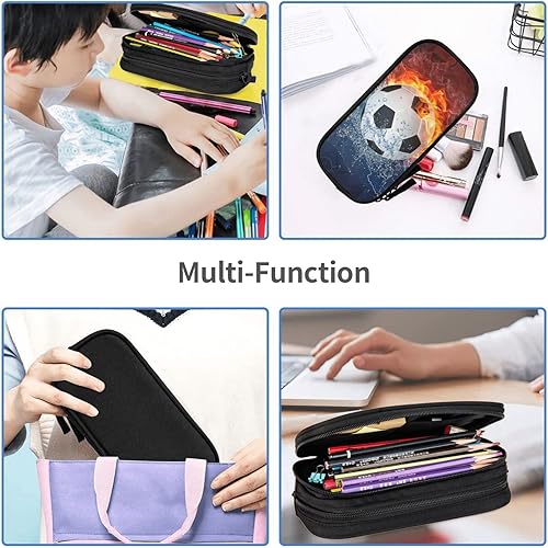 Miniatura 6 de Estuche para lápices para niños con estampado de fútbol, bolsa portátil para bolígrafos Cool Fire & Water con cremallera para adolescentes,