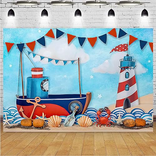 Miniatura 2 de Fondos de fotografía náutica de verano para tartas marineras, veleros, faros, decoración de cumpleaños, para niños, recién nacidos, primer