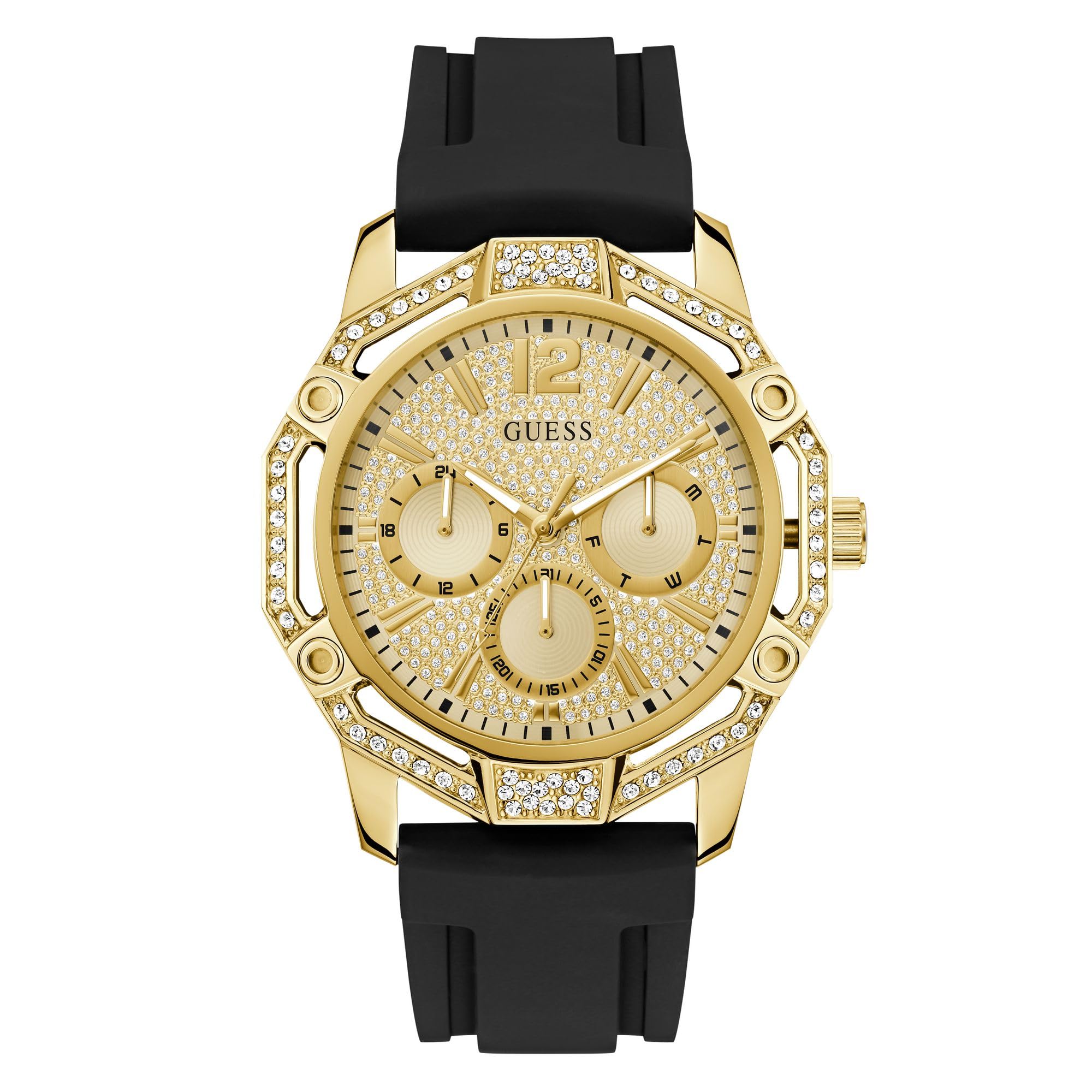 Guess GW0954G2 - Reloj de Pulsera para Hombre con Fecha, circonita, Correa de Silicona Negra, Cristal Mineral, Esfera Dorada, 3 Bares, diámetro de la Caja: 46 mm