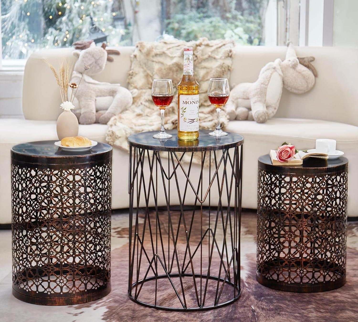 Y&M Set of 3 Round Patio Tables, Coffee Table End Table, Outdoor Indoor Side Table for, Garden Stool-Black with Bronze (Ship from US)