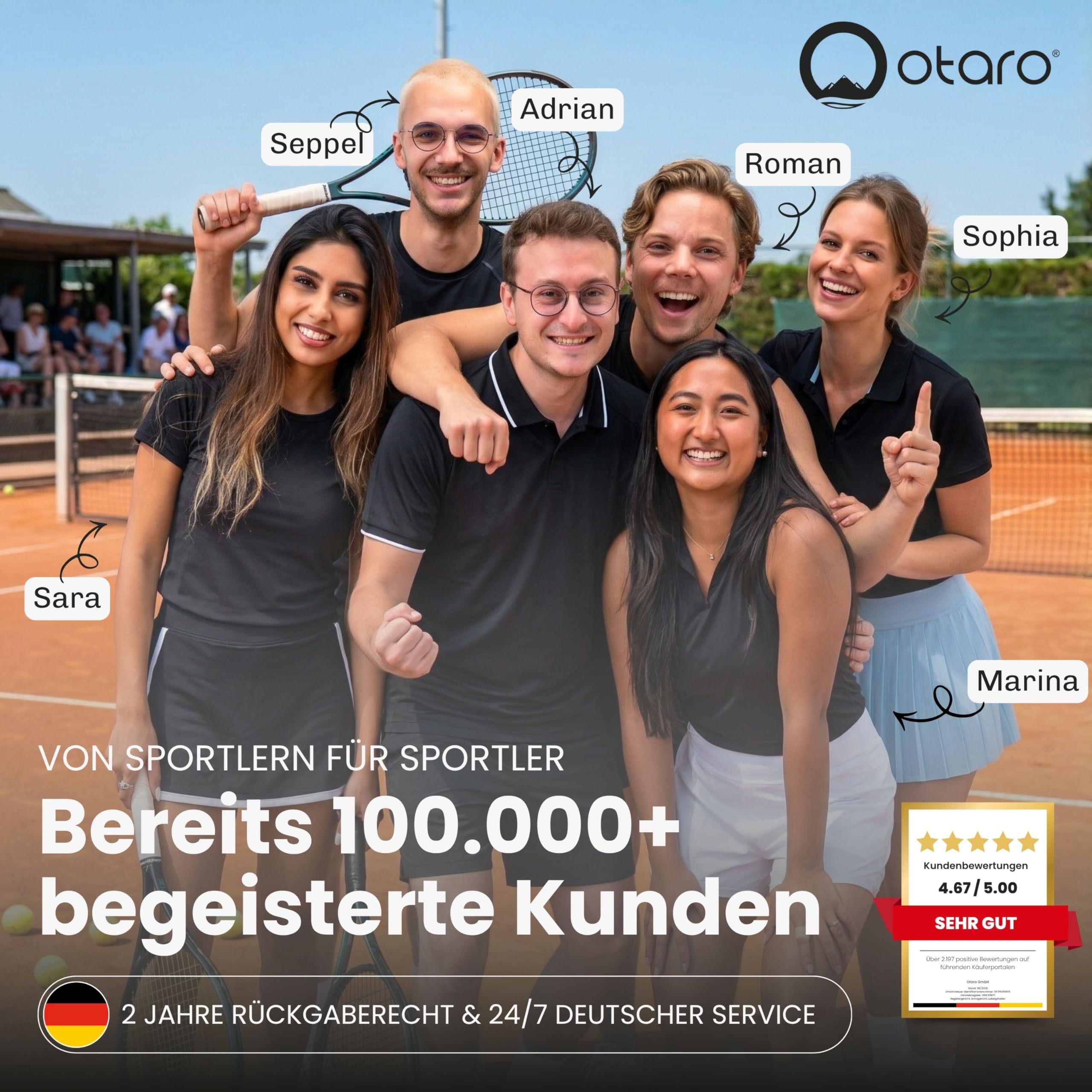 Otaro Tennisrucksack mit Schuhfach, Laptop- & Thermofach für 2 Schläger | 42 L | Tennistasche Herren | Getränk- & Ballfach | Tennistasche Damen inkl. Regenschutz & Wäschesack