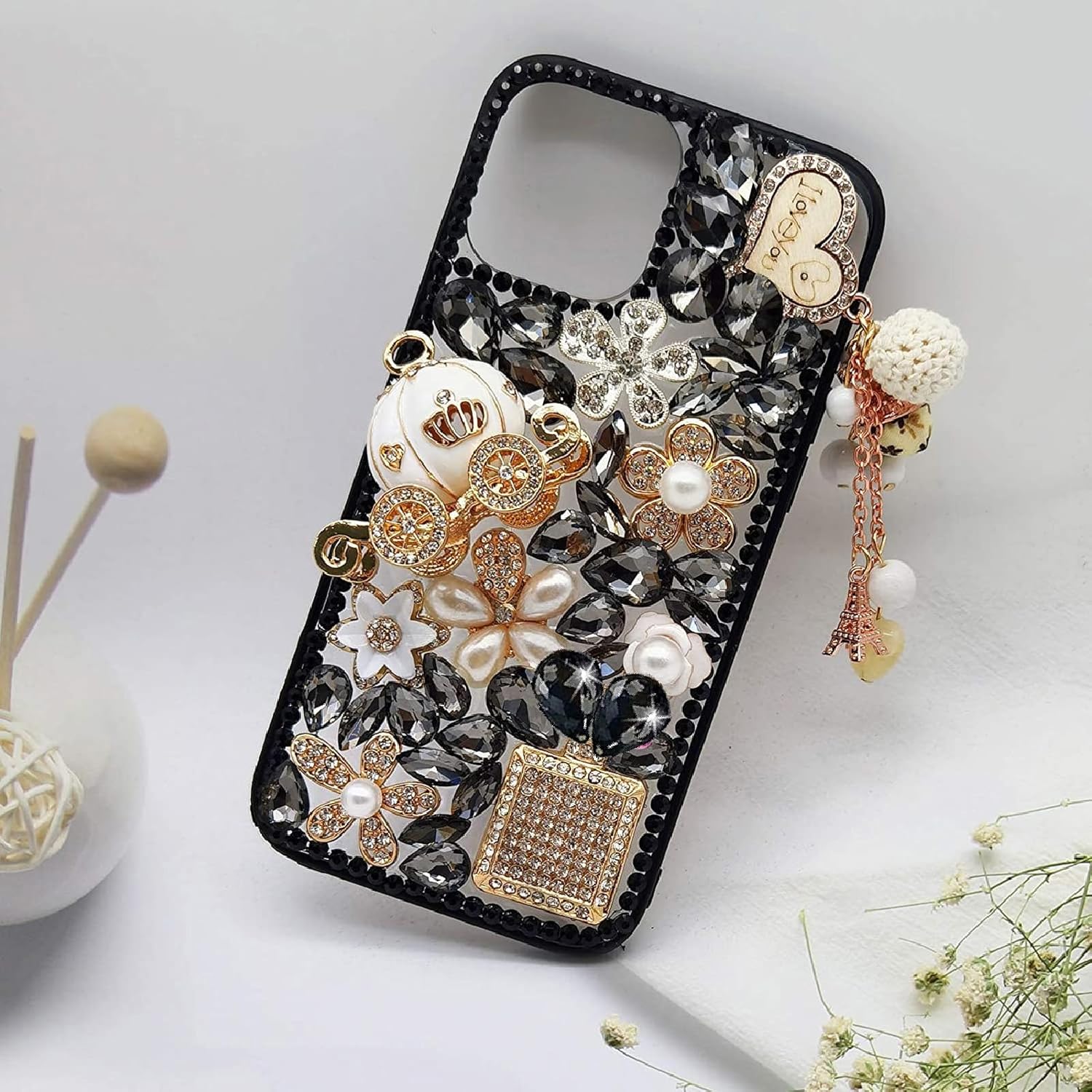 Guppy for iPhone 14 Bling Glitter Case,Luxury Diamond Rhinestone Gemstone 3D and Flower Gemstone Pumpkin Car Tower Pearl Soft TPU Back Cover Case for Women Black - Image 6