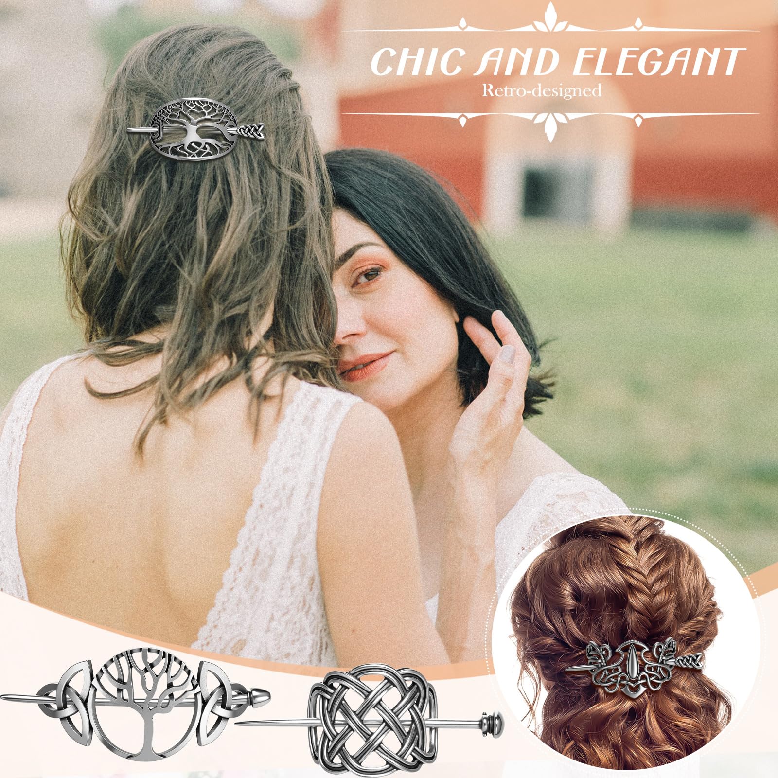 Syhood 8 Pcs Viking Celtic Hair Clips Vintage Knot Hair Stick Retro Silver Metal Celtic Barrette Hairpins Viking Jewelry Accessories for Women (Classic)