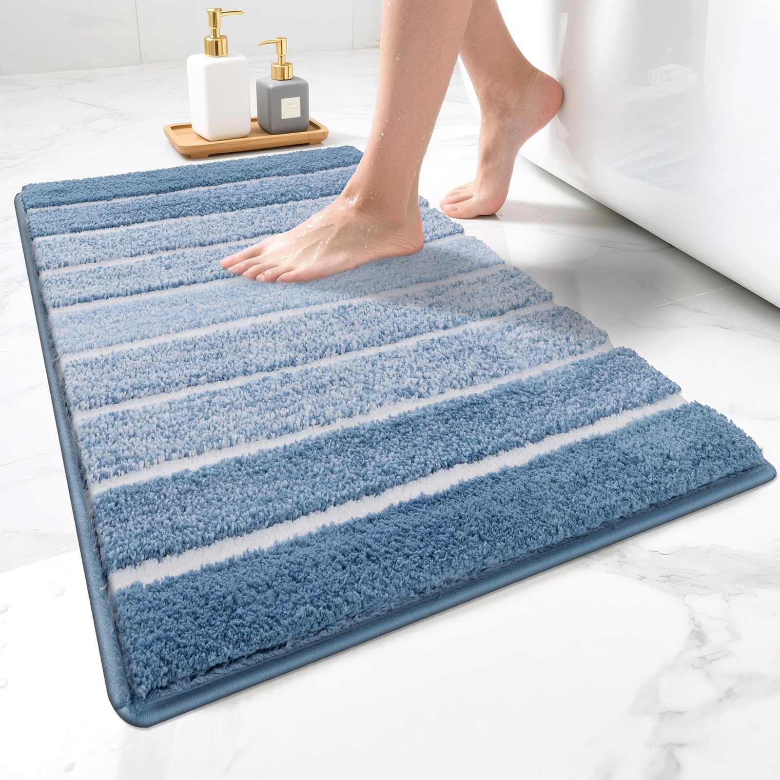 SHACOS Non Slip Bath Mat Absorbent Washable, 45 x 65 cm, Blue