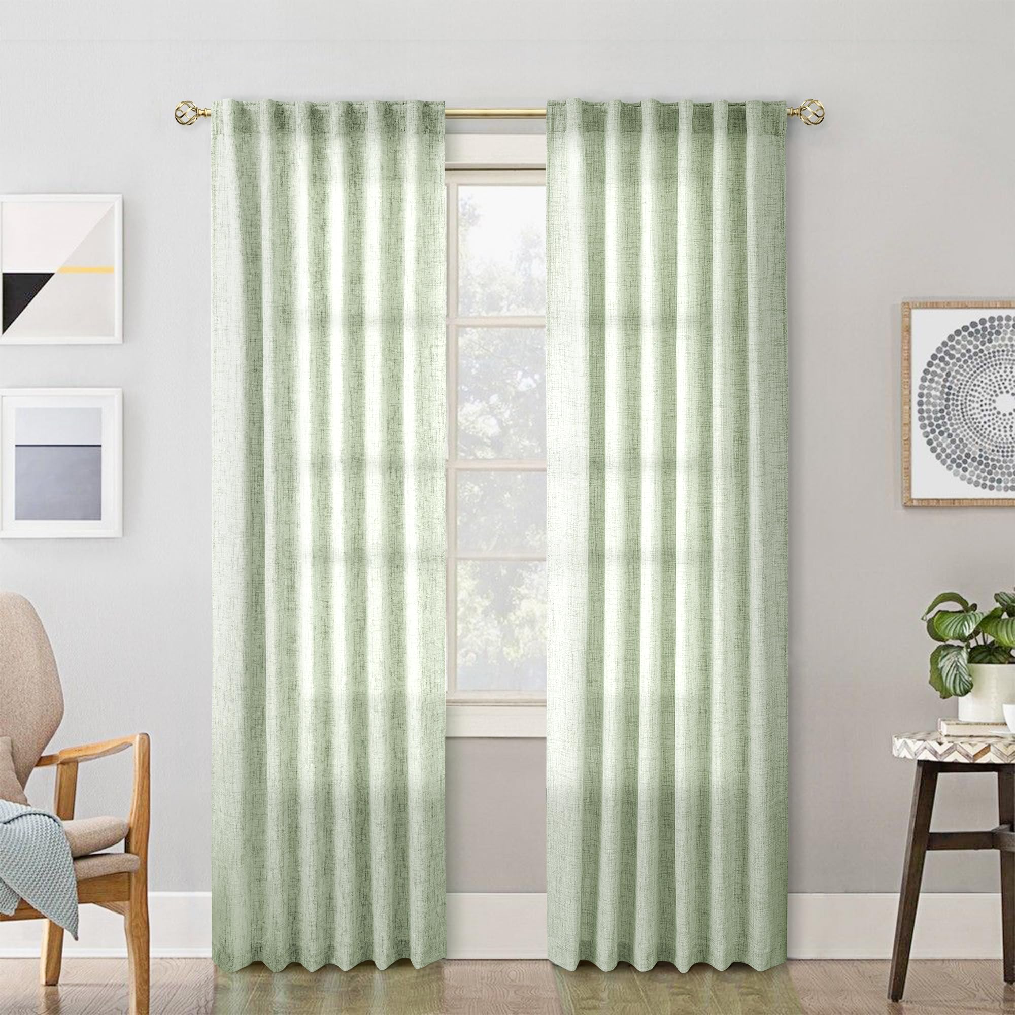 90 Inch Sage Green Curtains Linen Textured Boho Drapes for Living Room 2 Panels Set Light Filtering Rod Pocket Farmhouse Long Lasting Soft Green Sheer Pleated Curtain 90 Inch Length for Dining Bedroom