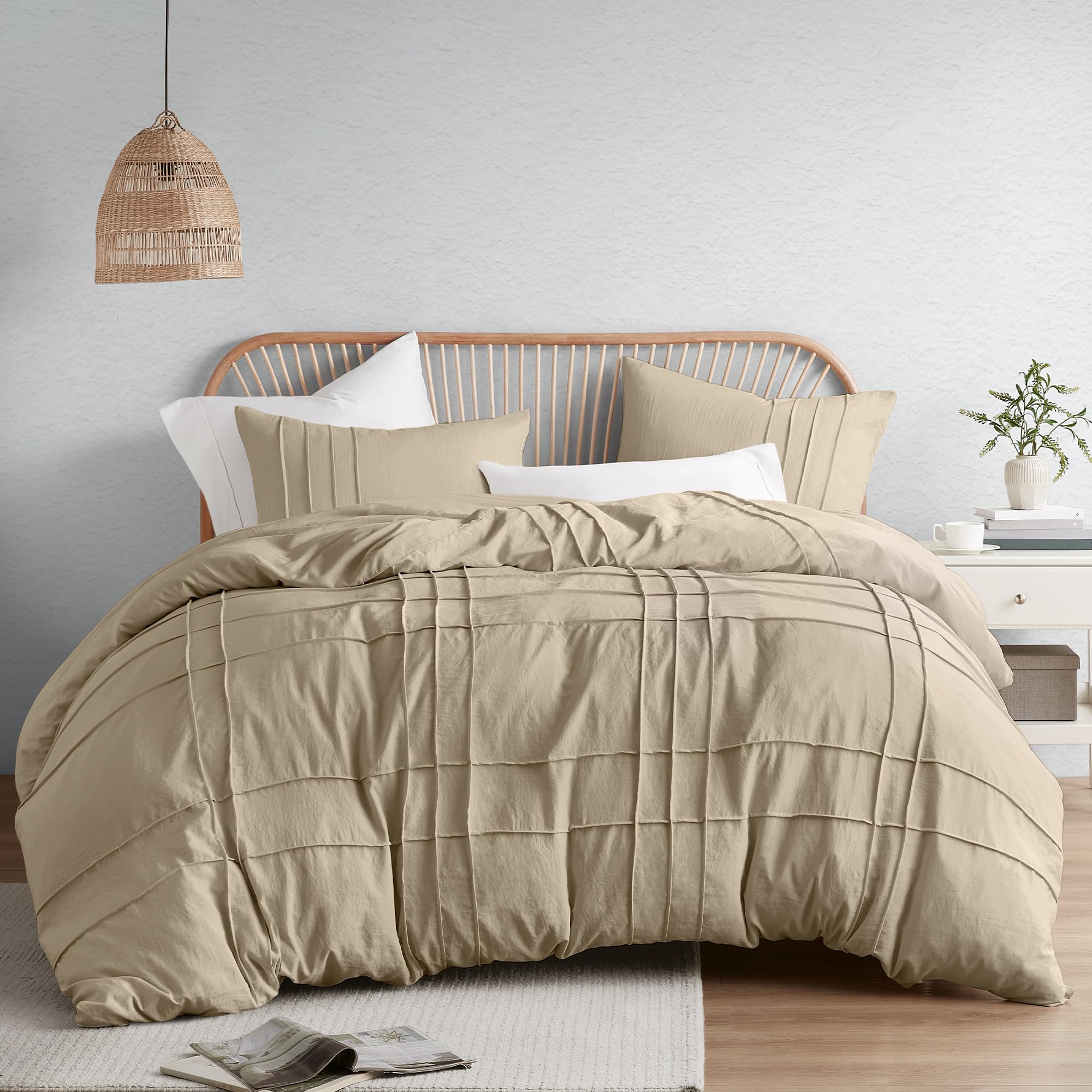 Comfort Spaces Khaki Cal King Size Duvet Cover Set - 3-pc Pintuck Pleated Duvet Cover, All Season Lightweight, Extra Softness Pre-Washed Microfiber Bed Cover Shams