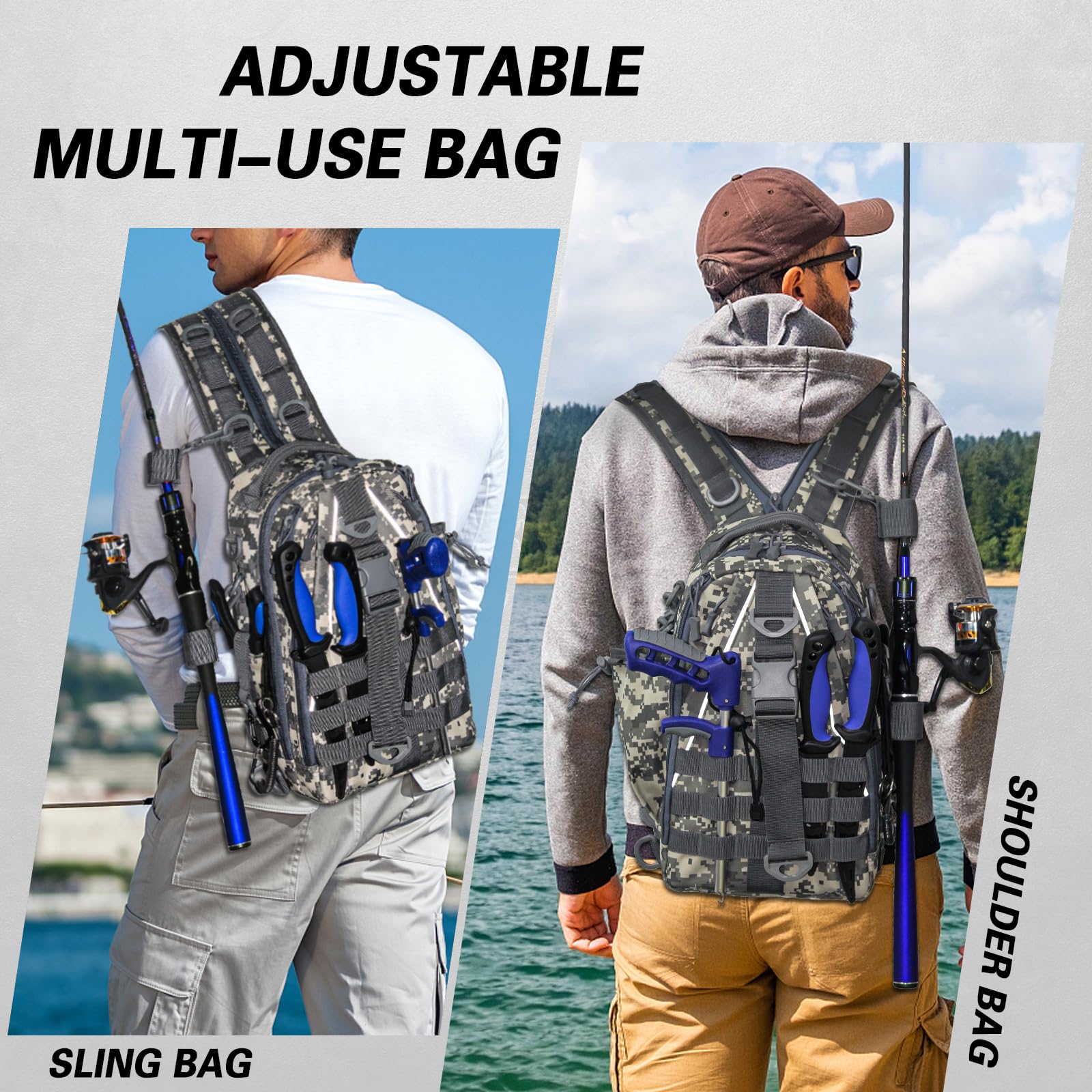 Mochila de pesca, bolsa de pesca ligera con mucho espacio de almacenamiento, mochila de caja de aparejos con soporte para caña para pesca con mosca y regalos para hombres y mujeres, color gris