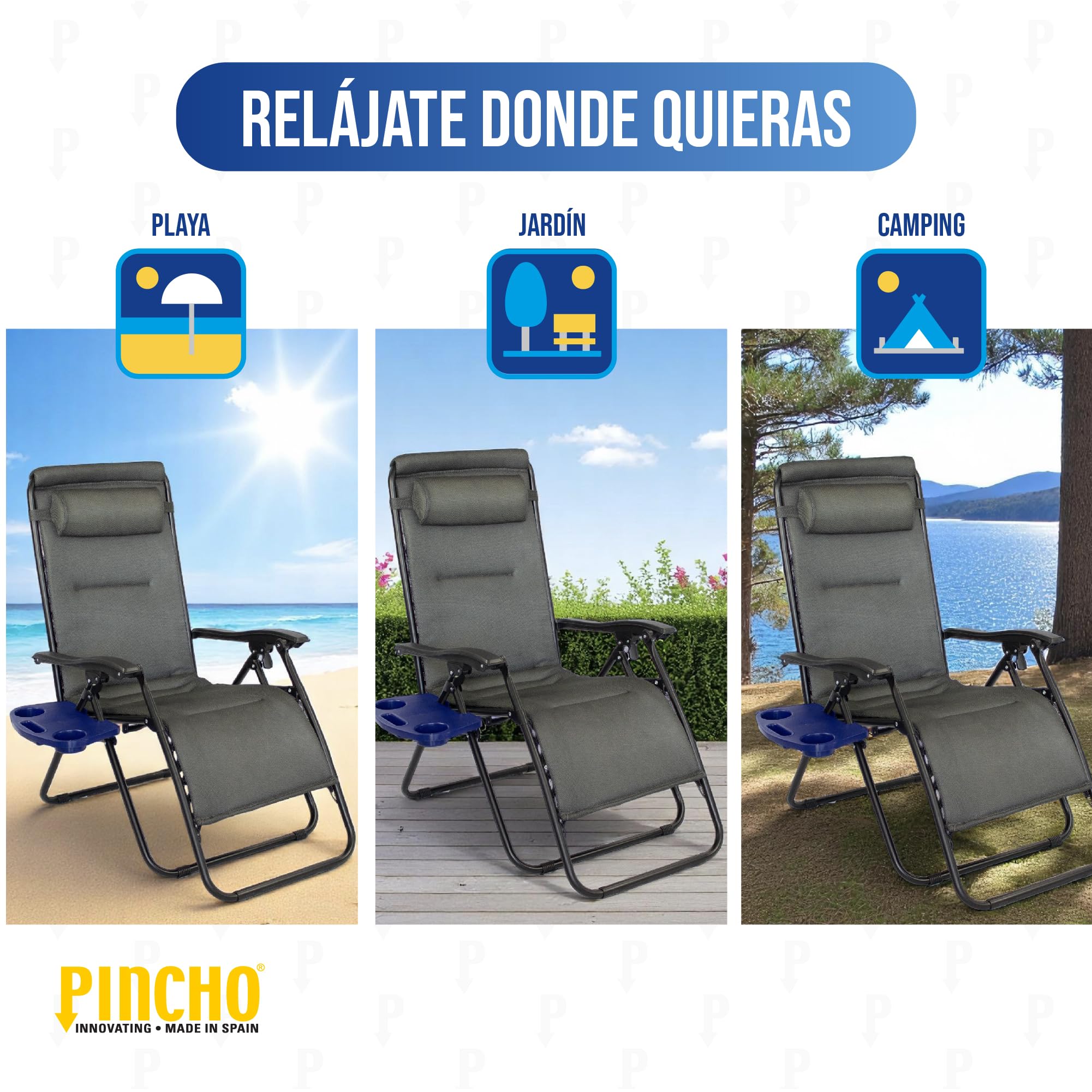 Pincho Tumbonas Jardin Exterior, Silla Plegable Camping, Silla Gravedad Cero, Hamaca Plegable con Acolchado 2 cm y Bandeja Extraíble - Acero Ligero, Respaldo Alto, Cojín Cervical, 110 kg