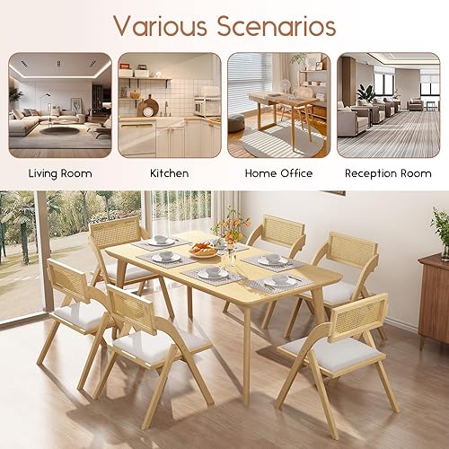 Miniatura 6 de Juego de 2 sillas de comedor plegables color beige, sillas de comedor plegables de madera, modernas sillas de comedor de ratán de cuero de mediados
