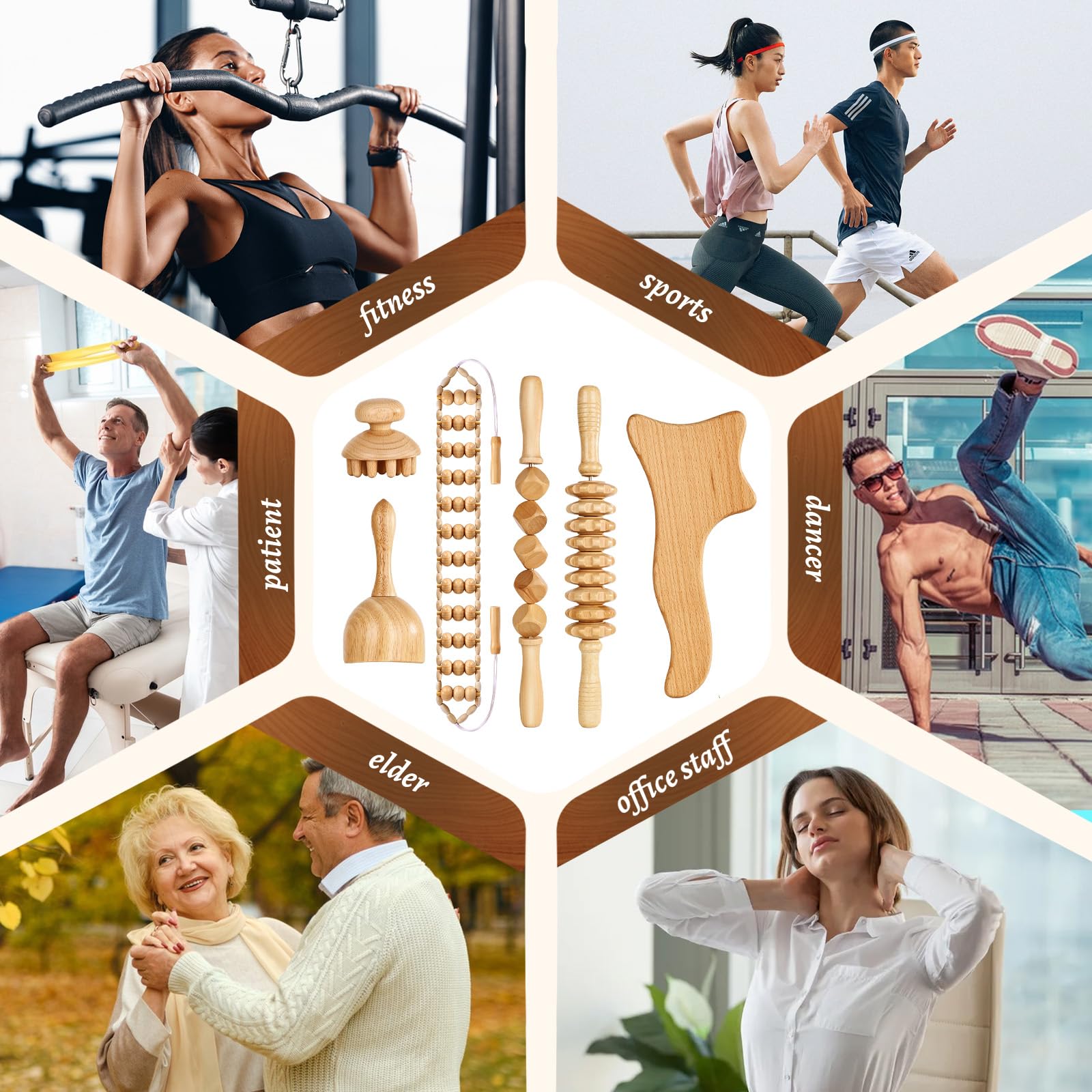 Yofuly 6 pcs Holz-Therapie-Massagegerät, Holz-Massageroller professionelles Maderotherapie Massagegerät Set für Körperformung, Lymphdrainage, Muskelschmerzlinderung, Anti Cellulite