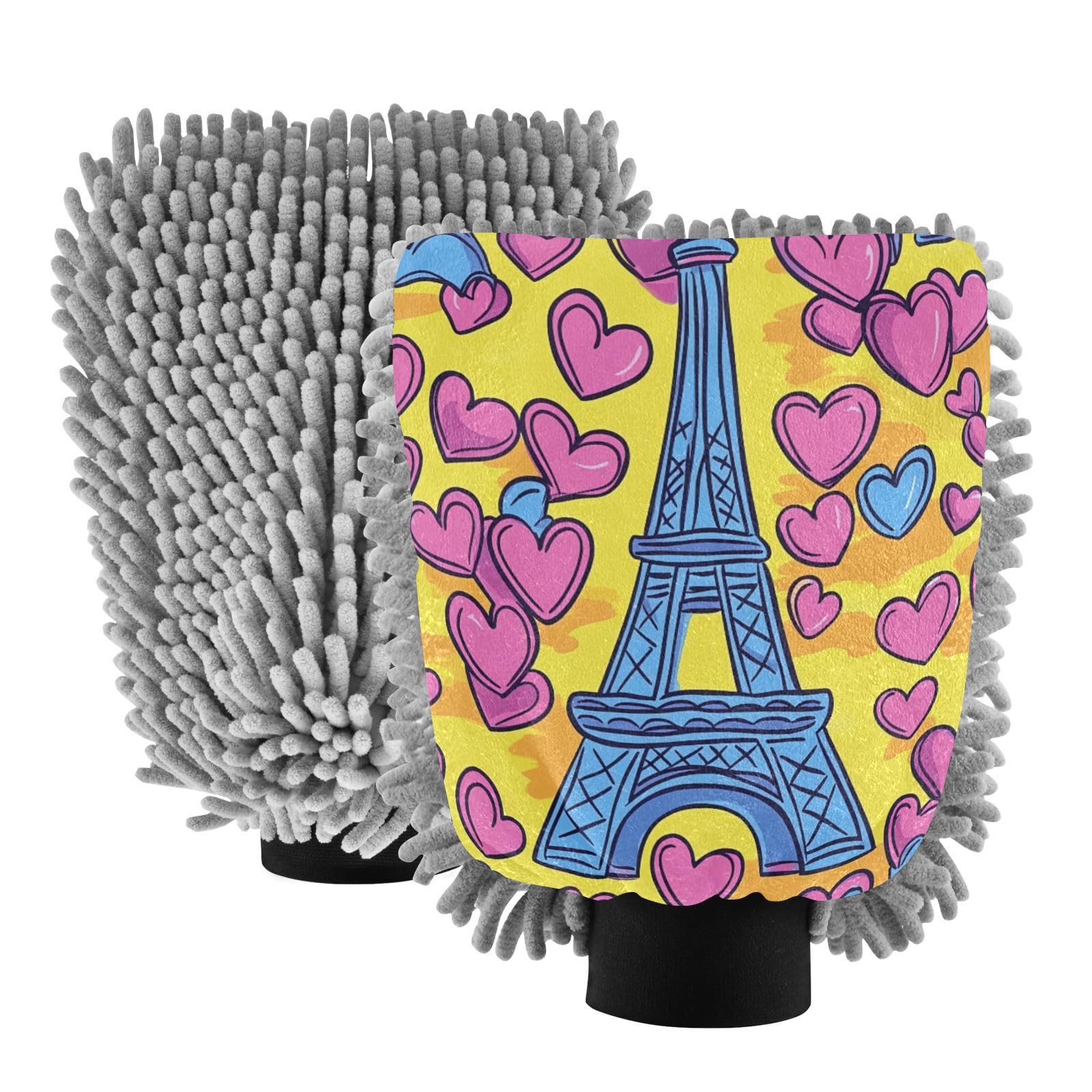 STAYTOP Eiffel Tower with Hearts Car Wash Mitt Microfiber, 2Pcs Scratch Free Lint-Free, Premium Chenille Microfiber Mitt Car Wash Brush-L