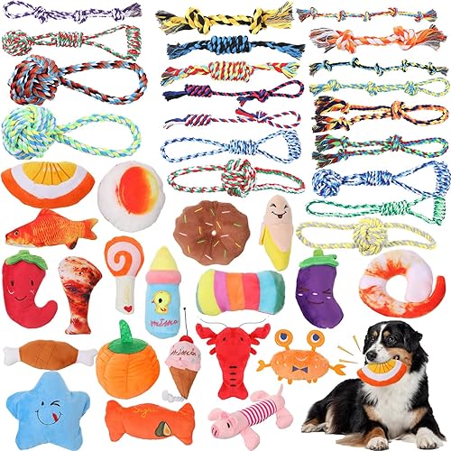 Leyndo Paquete de 40 juguetes masticables para perros agresivos, juguetes de cuerda chirriante de felpa para razas medianas y grandes, para mascotas