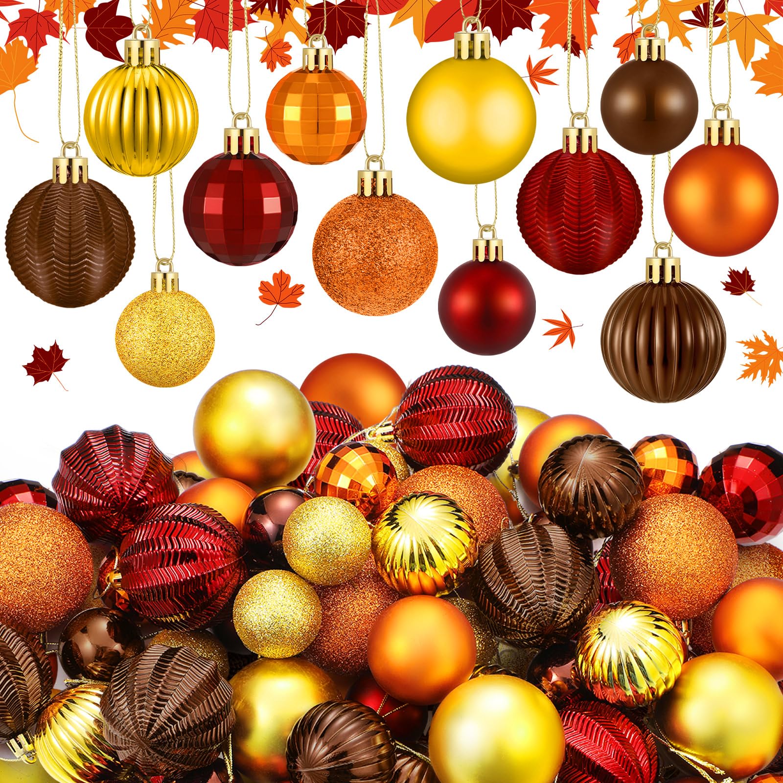 Lunmon 64 adornos de bola de otoño para árbol de Navidad con purpurina, dorado, naranja, rojo, marrón, decoración de otoño, adornos de cosecha de varios tamaños para suministros de fiesta,
