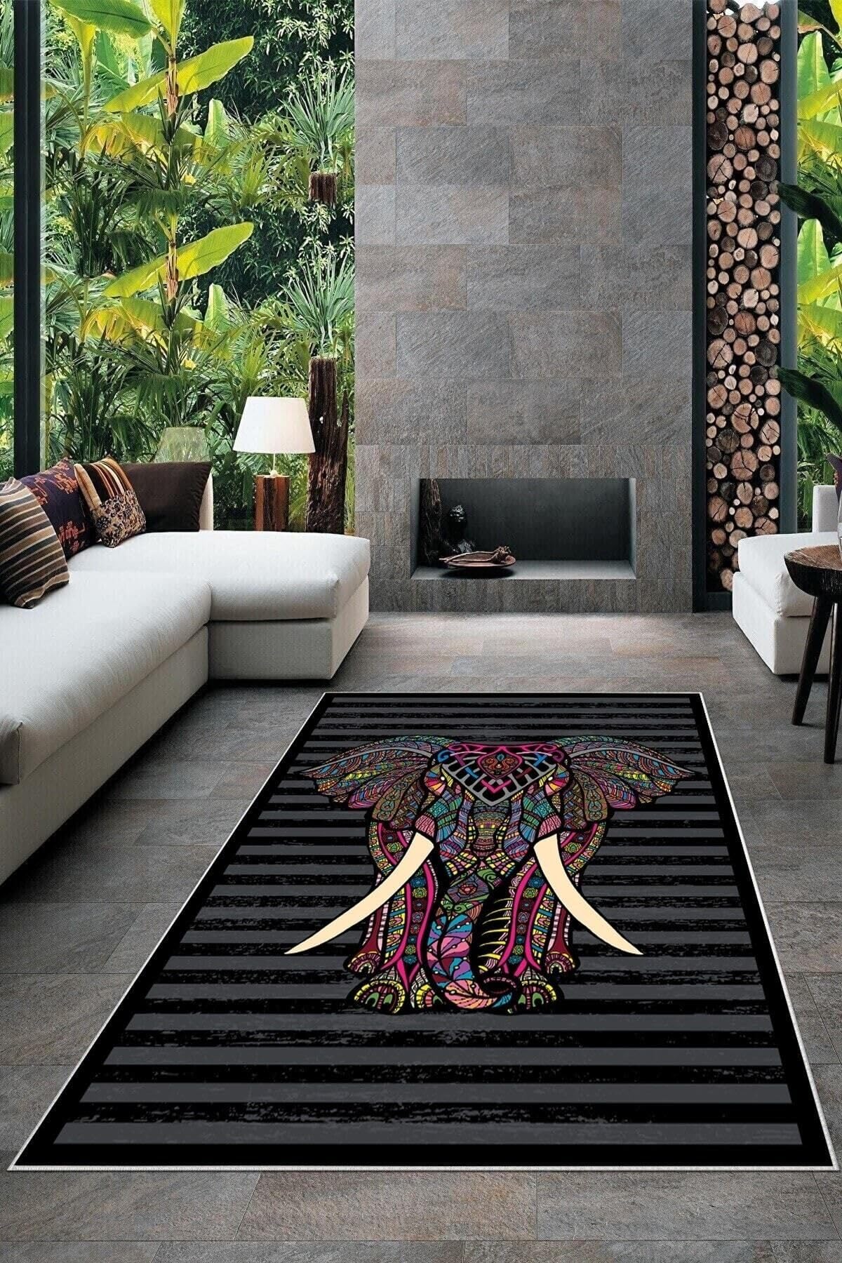 Pelangi Siyah Gri Çizgili Fil Desenli Yıkanabilir Kaymaz Taban Leke Tutmaz Modern Salon Halısı Ve Yolluk, Siyah 130 x 180, 135830713018005