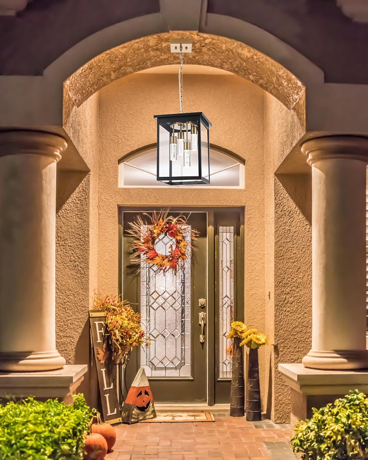 TODOLUZ LED 5CCT Large Outdoor Pendant Light Fixtures, Exterior Hanging Lantern LED Integrated Bulbs Included for Porch Patio Yard Garden, Outside Hanging Lamp in Black & Brushed Brass