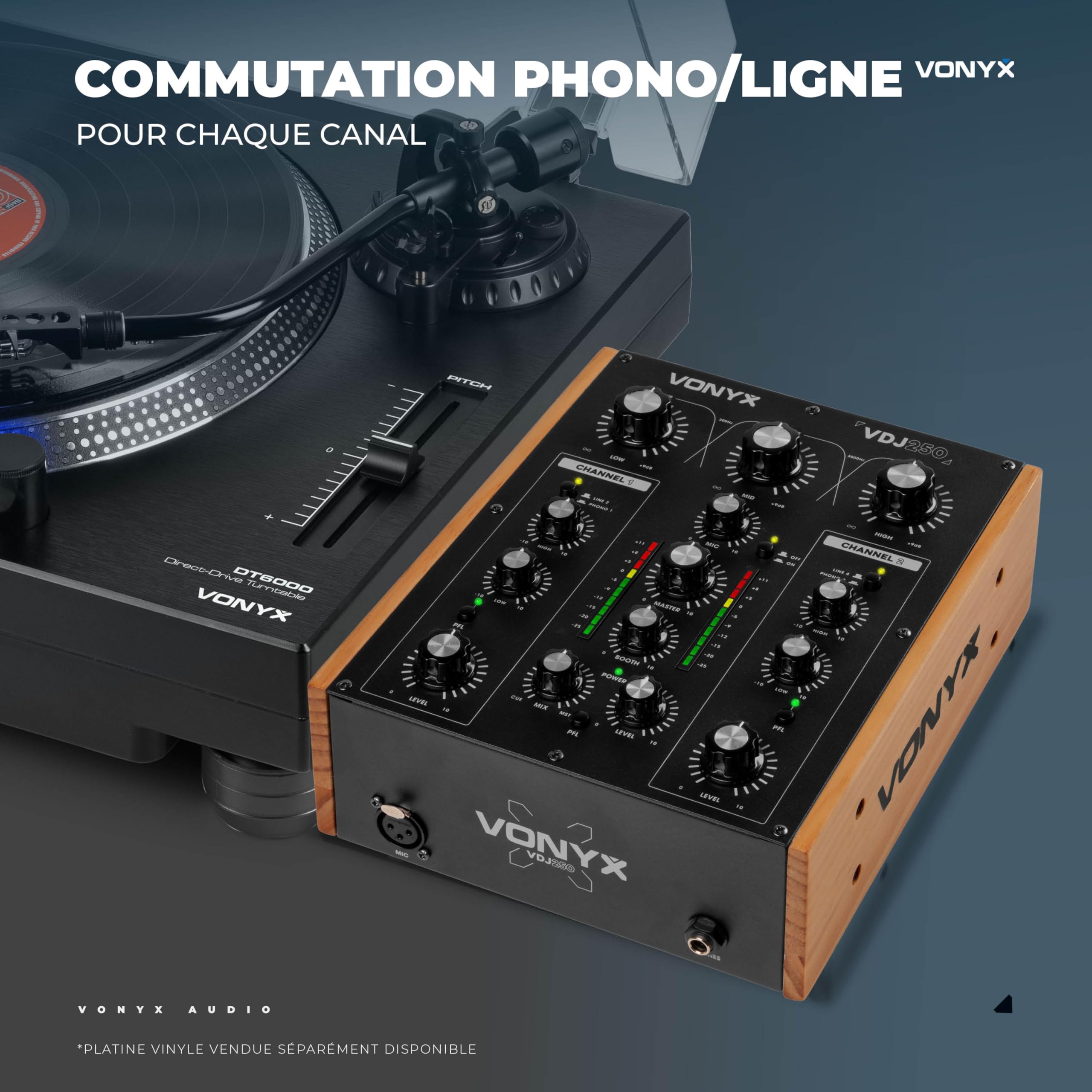VONYX VDJ250 - Table de Mixage DJ Rotative 2 Canaux avec EQ 2 Bandes, Entrées Phono/Line, Mixer Analogique Compact pour DJ Vinyles & Sources Audio