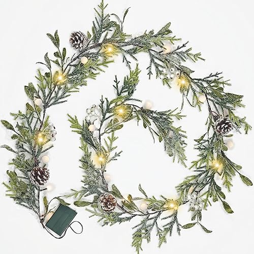 Guirnalda de nieve de 6 pies, guirnalda de Navidad preiluminada con 20 luces LED, conos de pino, bayas blancas y bolas, funciona con pilas, con