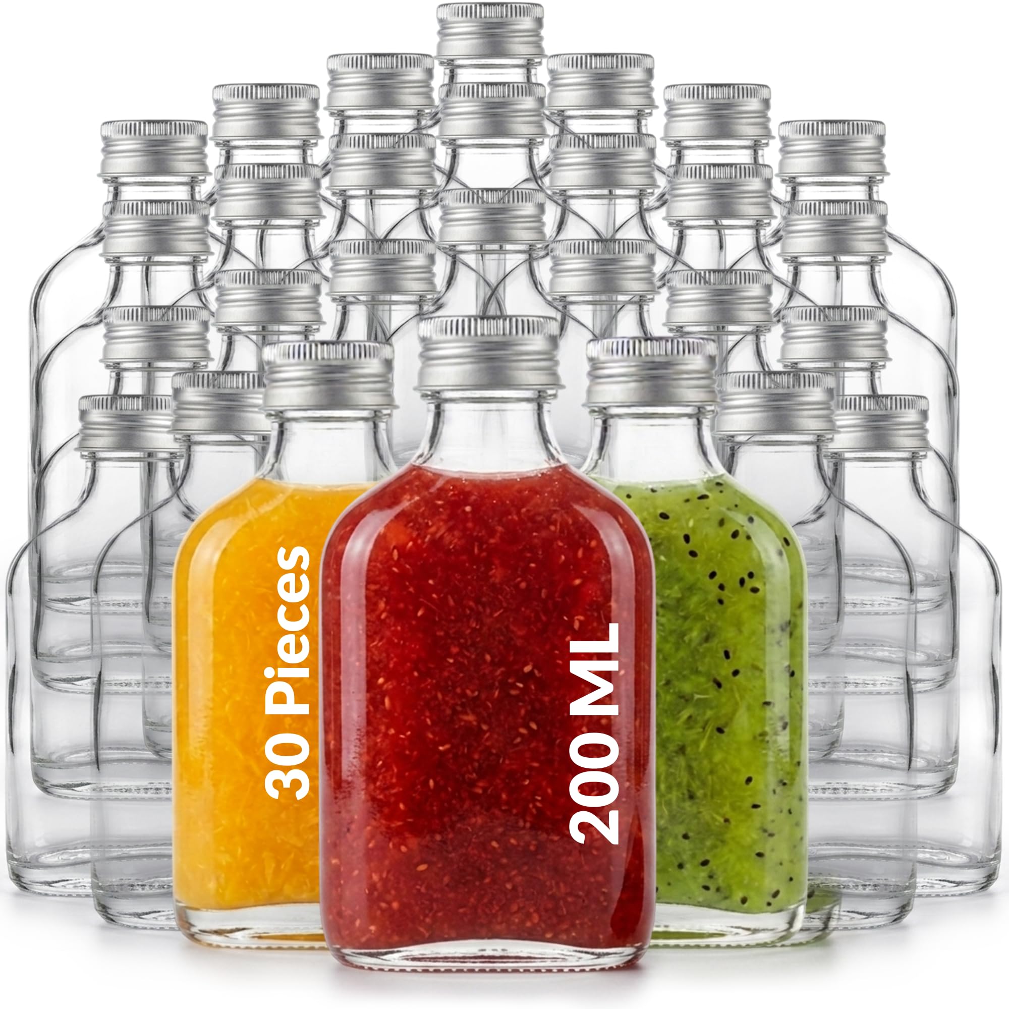 casavetro 30 200ml Glass Bottles with Screw Lids – Small Empty Flask for Bottling Homemade Sloe Gin, Vodka, Liqueur & Spirits – Refillable 200 ml Flat Hip Shape with Spare Caps Included