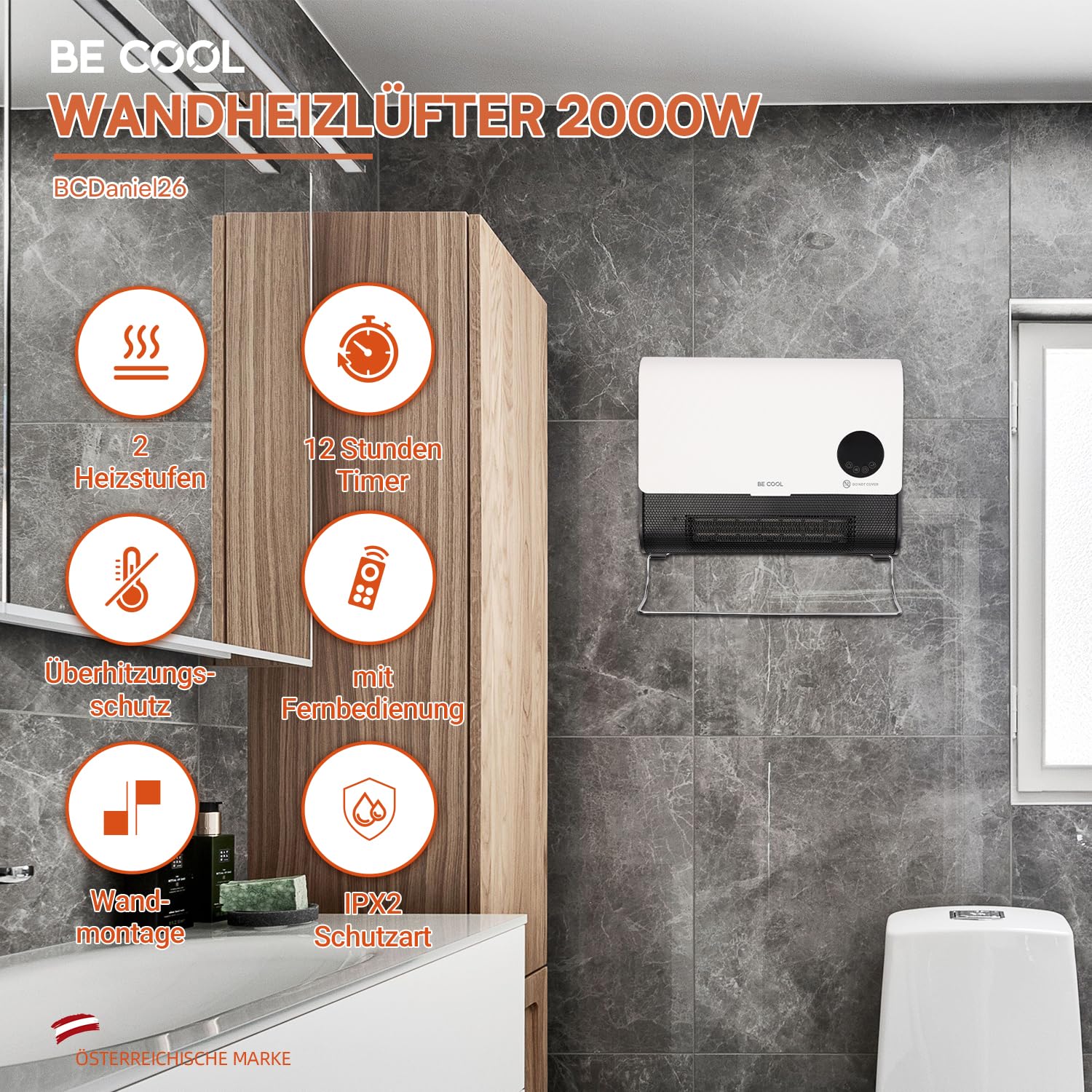 BE COOL Wand-Heizlüfter 2000 W mit PTC, ECO, Timer & Fernbedienung