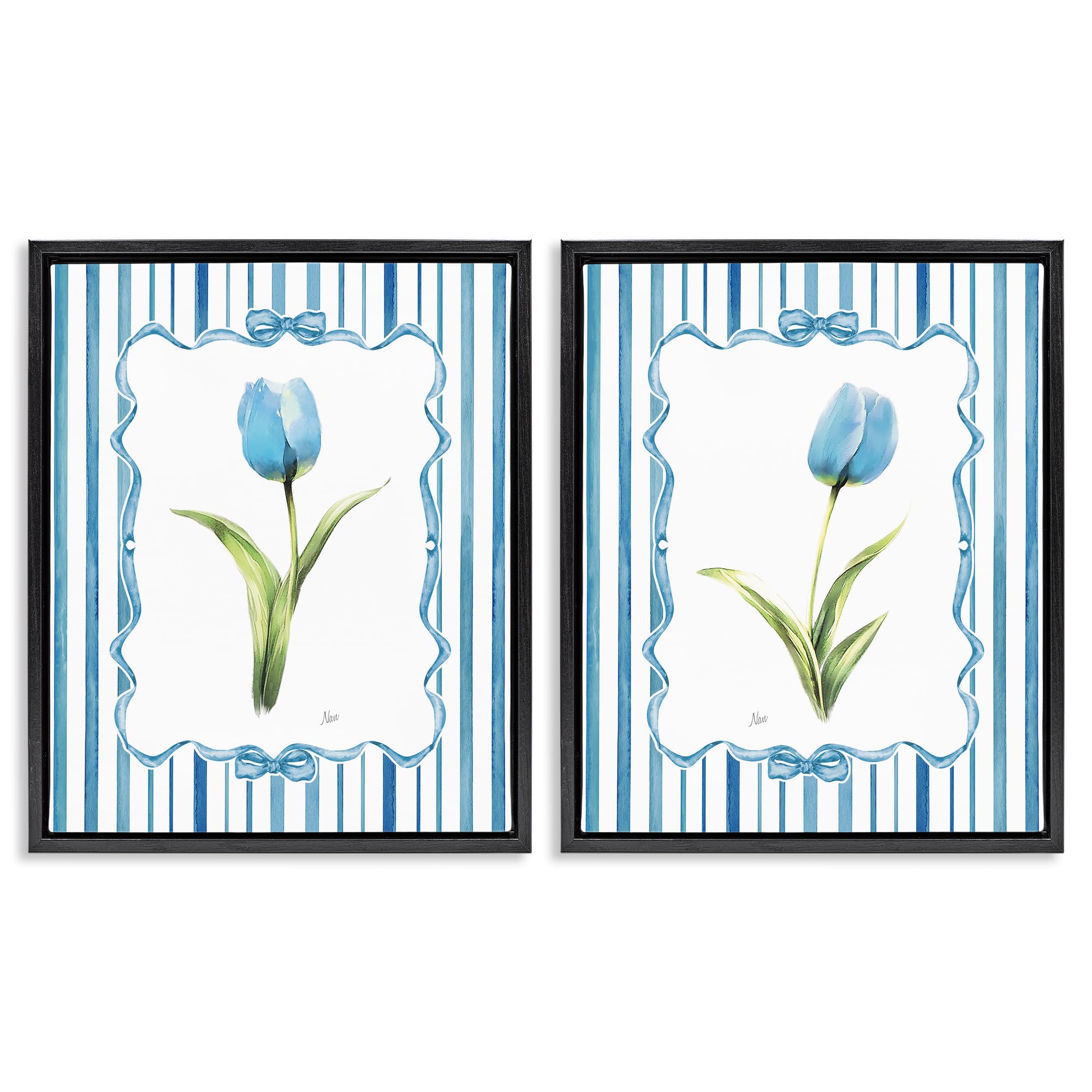Stupell Industries 'Blue Tulips with Feminine Ribbon', 2pc Floating Frame Art Set 2, Black, 25 x 31 Inches, Easy to Hang and Sturdy, Made in USA, by Nan