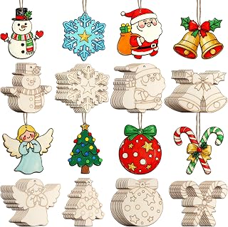 80PCS Wooden Christmas Ornaments Painting 8 Styles Tree Ball Snowman Snowflake Angel Decor DIY Blank Unfinished Wood Cutouts Ornament for Home Crafts Hanging Decorations(Christmas)