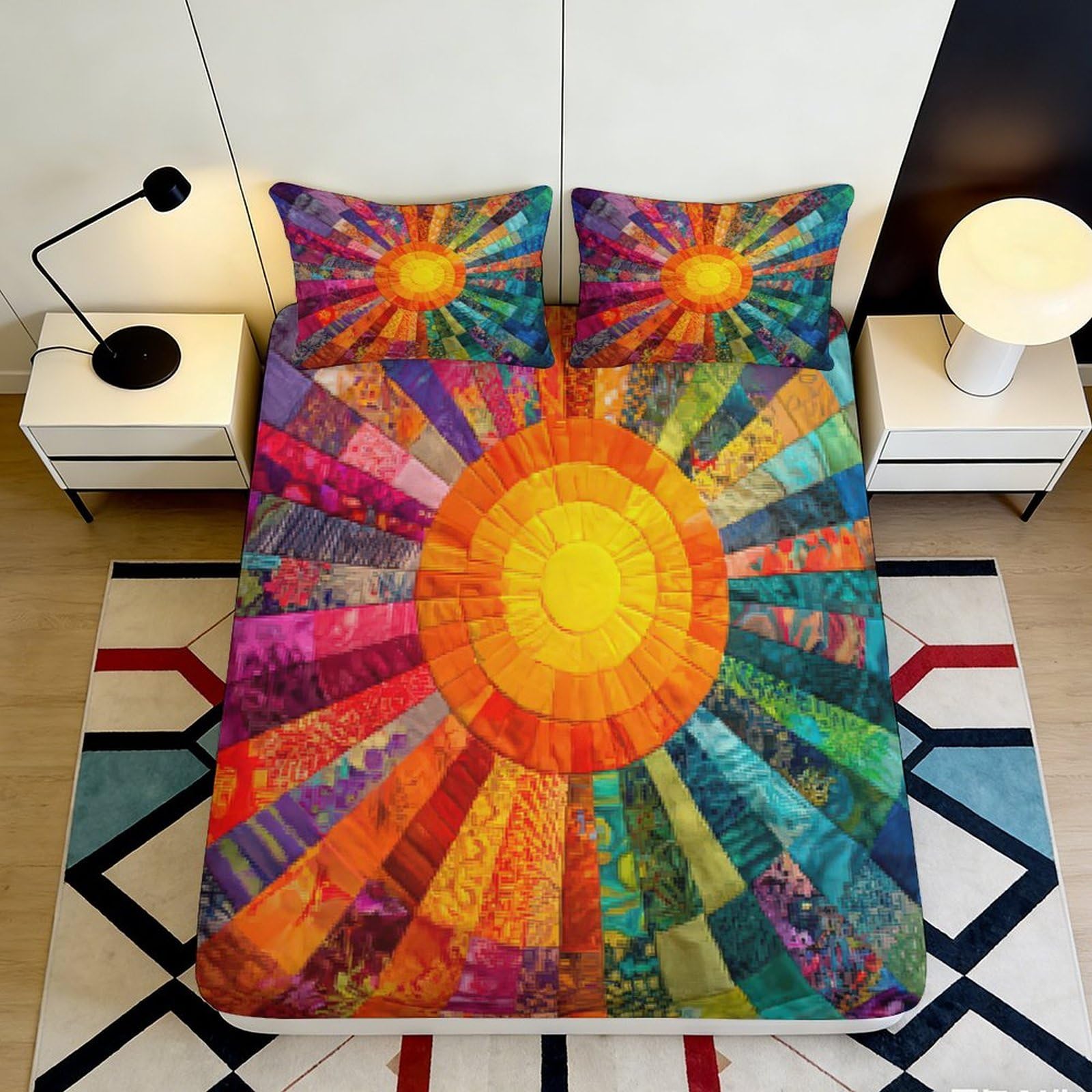 3D Printed Sunburst Fitted Sheet Microfiber Vibrant Rainbow Mattress Cover for Bedroom Guest Room Dust Protection 90x200x25cm