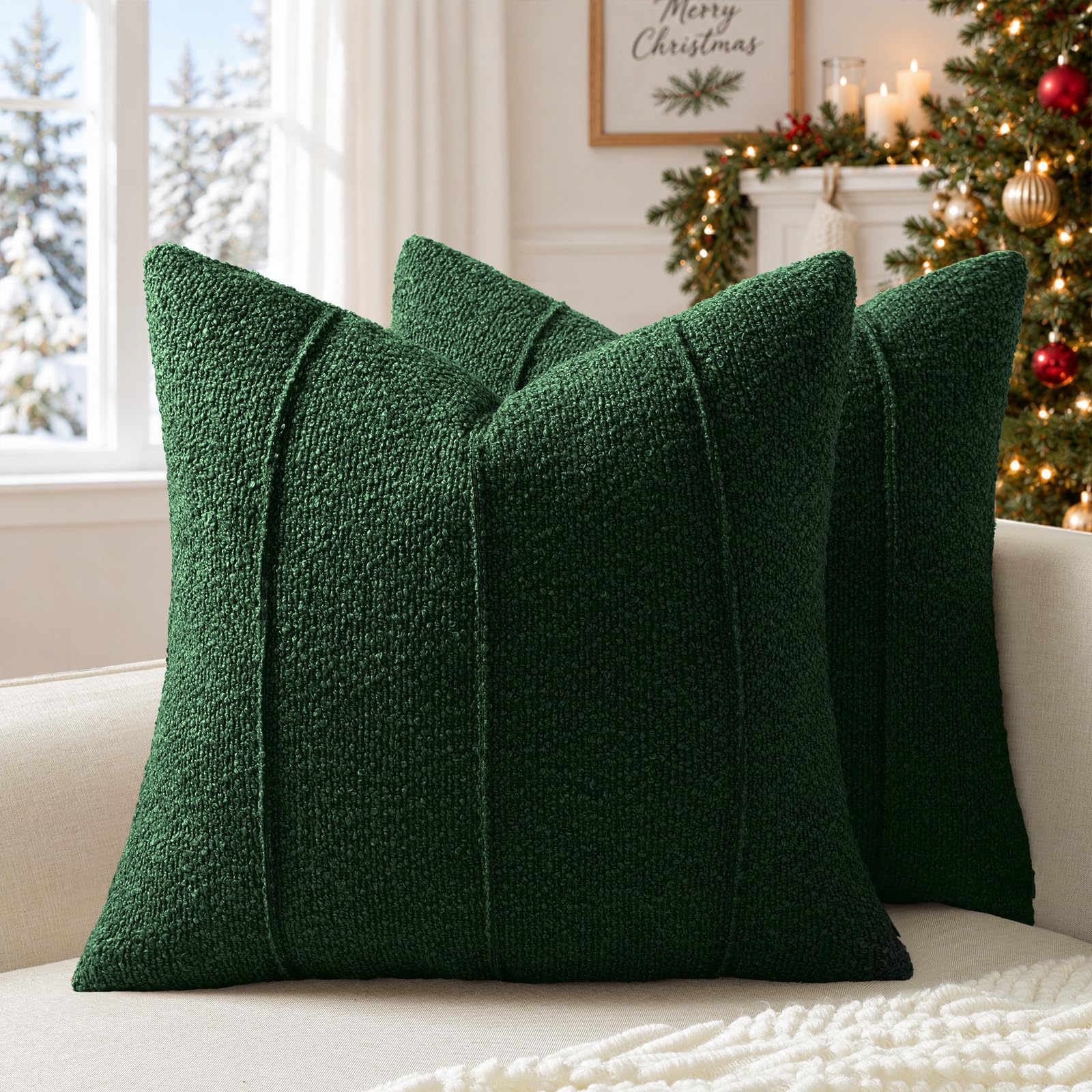 YCOLL Textured Bouclé Cushion Covers 50x50 Pack of 2 – Soft Green Decorative Cushions for Sofa, Bed & Living Room, Modern Home Décor, Comfortable & Luxurious Accent with Neutral Stripes