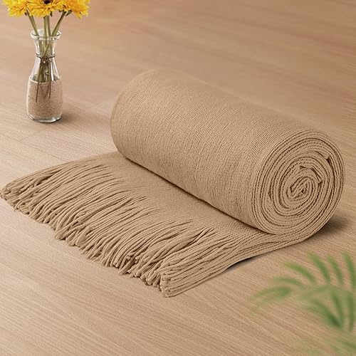 Vonty Light Brown Knitted Blanket with Tassels Fringe 50" x