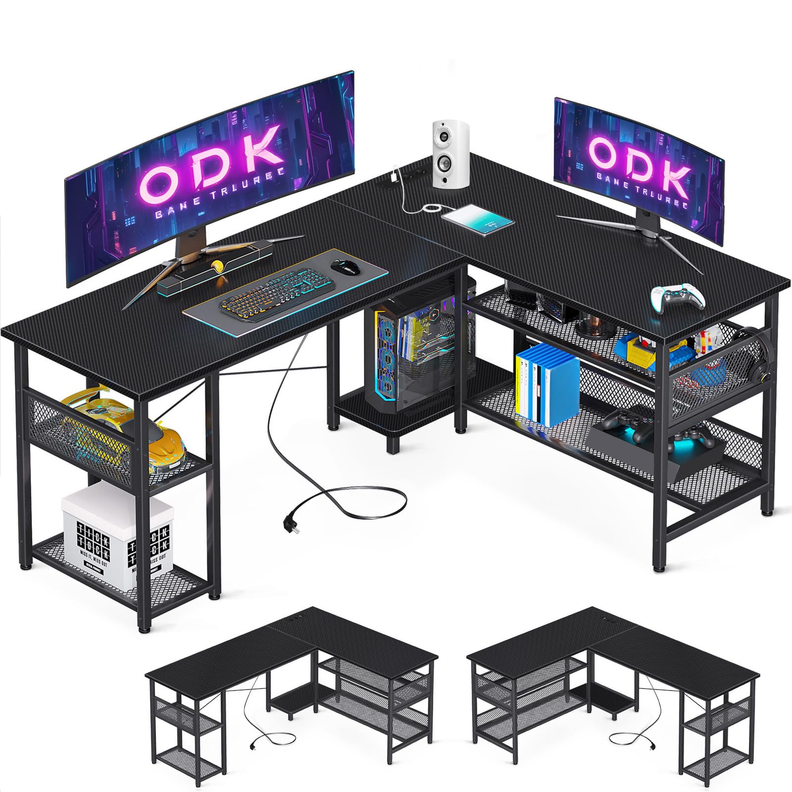 ODK Scrivania Gaming ad L con Design Reversibile, Scrivania con Ampio Spazio di Archiviazione, Scrivania ad Angolo con 2 Prese e 2 Porte USB, Fibra Di Carbonio Nera, 150×102 cm