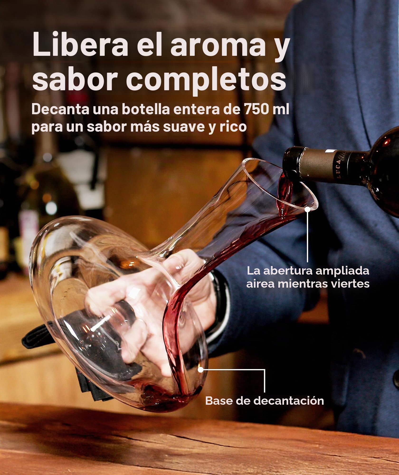 Le Chateau Decantador de vino - Jarra de cristal soplado a mano sin plomo para vino - Gran capacidad (750ml) - Respirador y aireador de vino tinto - Juego de jarra para vino - Regalos y accesorios