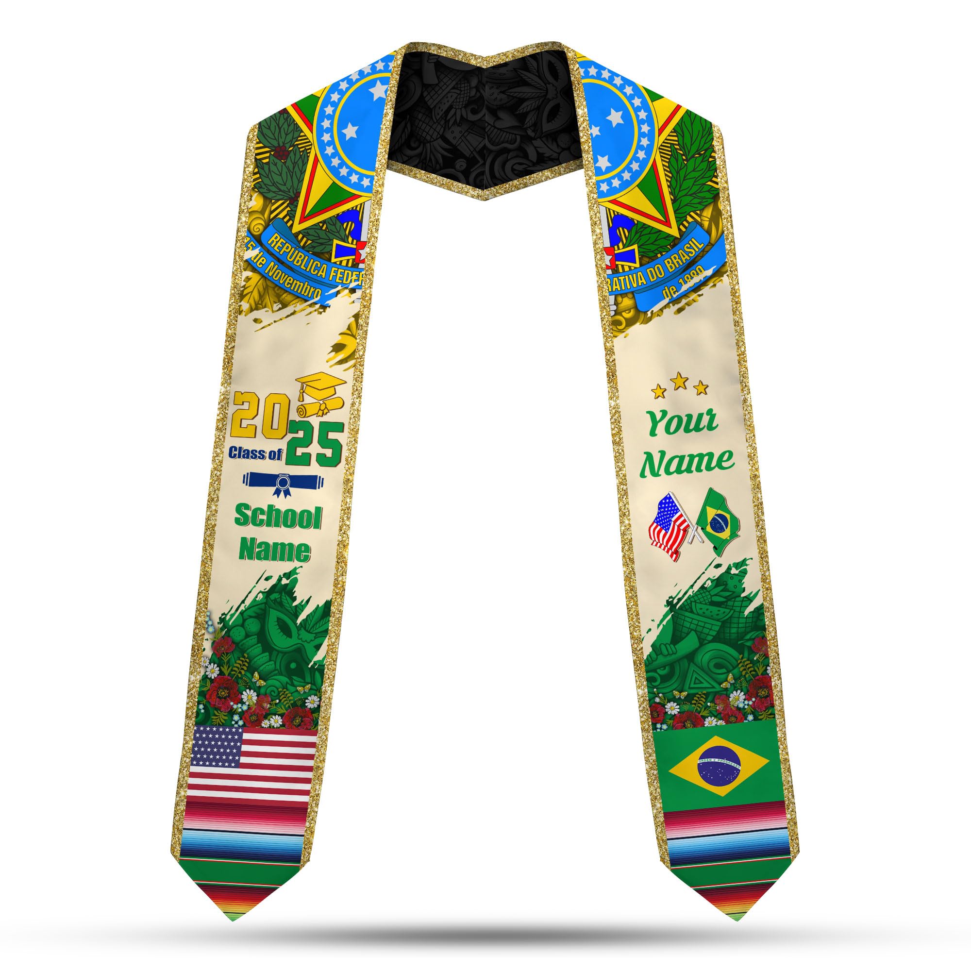 MonkeyVan Brazil Graduation Stole Custom Brazil American Flag Graduation Sash Brazilian Flag Graduation Stole Class of 2025 Bz15
