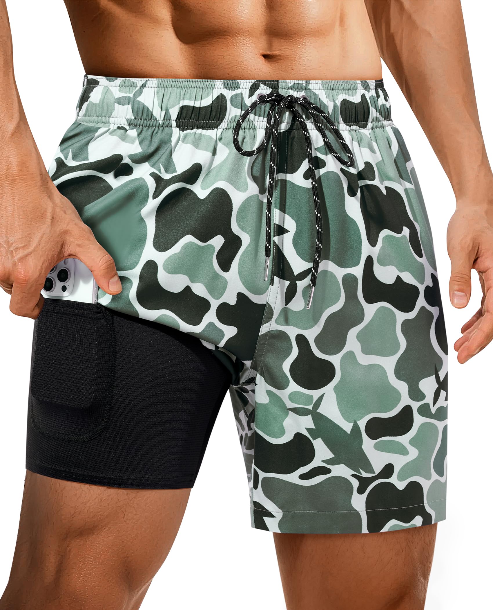 Mens Swim Trunks with Compression Liner 7 Inch Mens Bathing Suit Quick Dry Pockets Stretch Drawstring Shark Printed 2in1-image-22