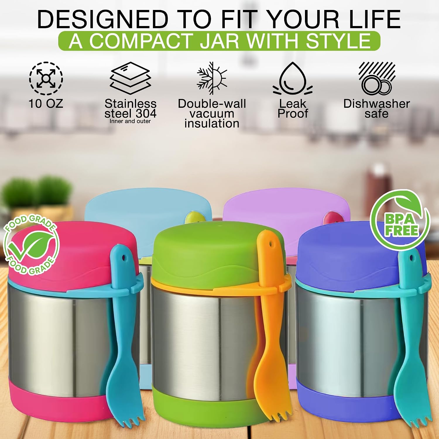 Kids Insulated Stainless Steel Lunch Container with Spoon – 10oz Thermal Food Jar for Hot or Cold Meals (Pink)