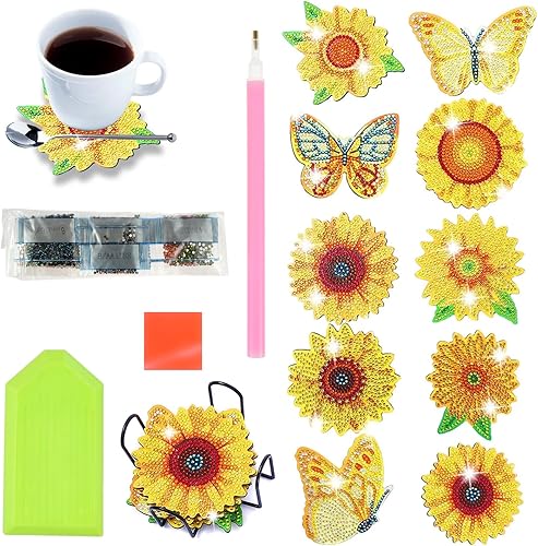 Tzgsonp 10 piezas de posavasos de arte de diamante, kits de posavasos con soporte, posavasos de arte de diamante para principiantes, adultos, niños,