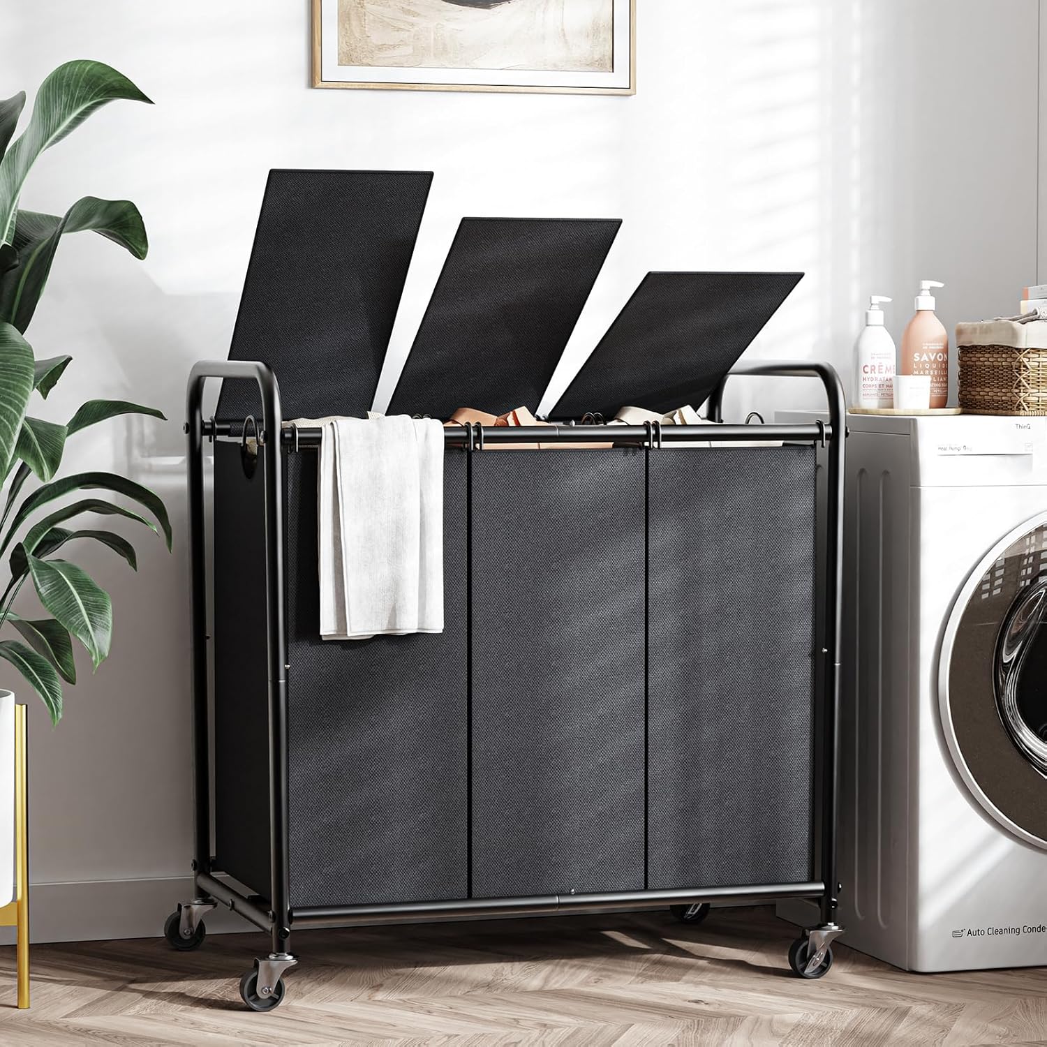 Laundry Sorter 3 Section with Lid Large Capacity Oxford Cloth Black