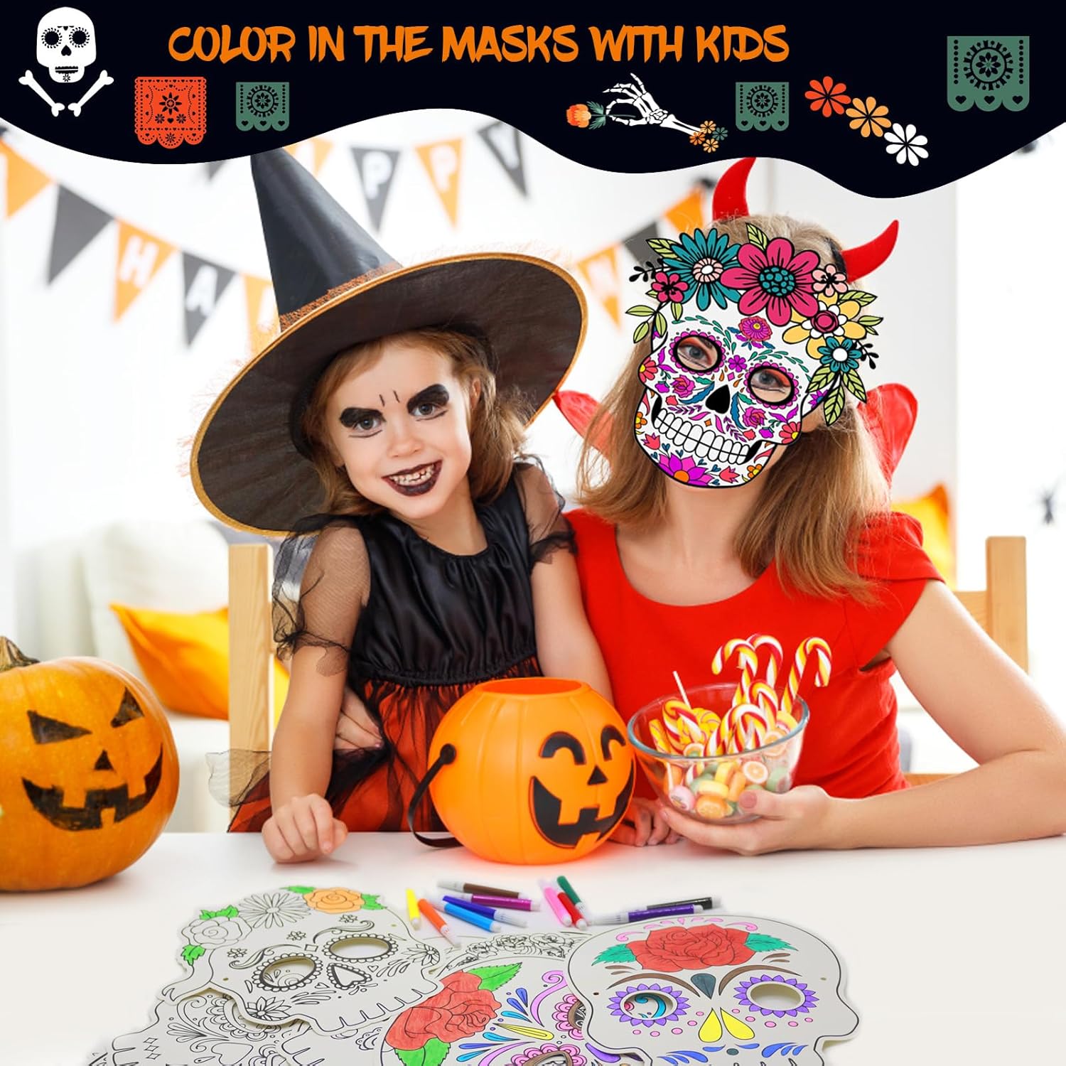 MineIdea 24 Pack Day of The Dead DIY Masks, Color You Own Sugar Skull Mask Painting Dia De Muertos Halloween Paper Masks with 12 Watercolor Pens and Elastic Headbands for Halloween Party, Crafts
