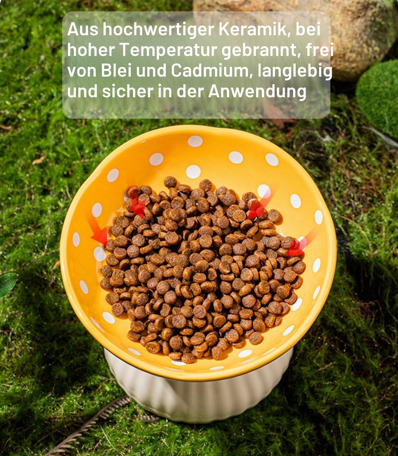 Erhöhte Katzennäpfe aus Keramik mit rutschfestem Silikon-Schutzpolster, pilzförmiges Katzenfutter, Wassernapf, erhöhter Katzennapf, Anti-Erbrechen, 300 ml, Rot und Gelb, 2 Stück