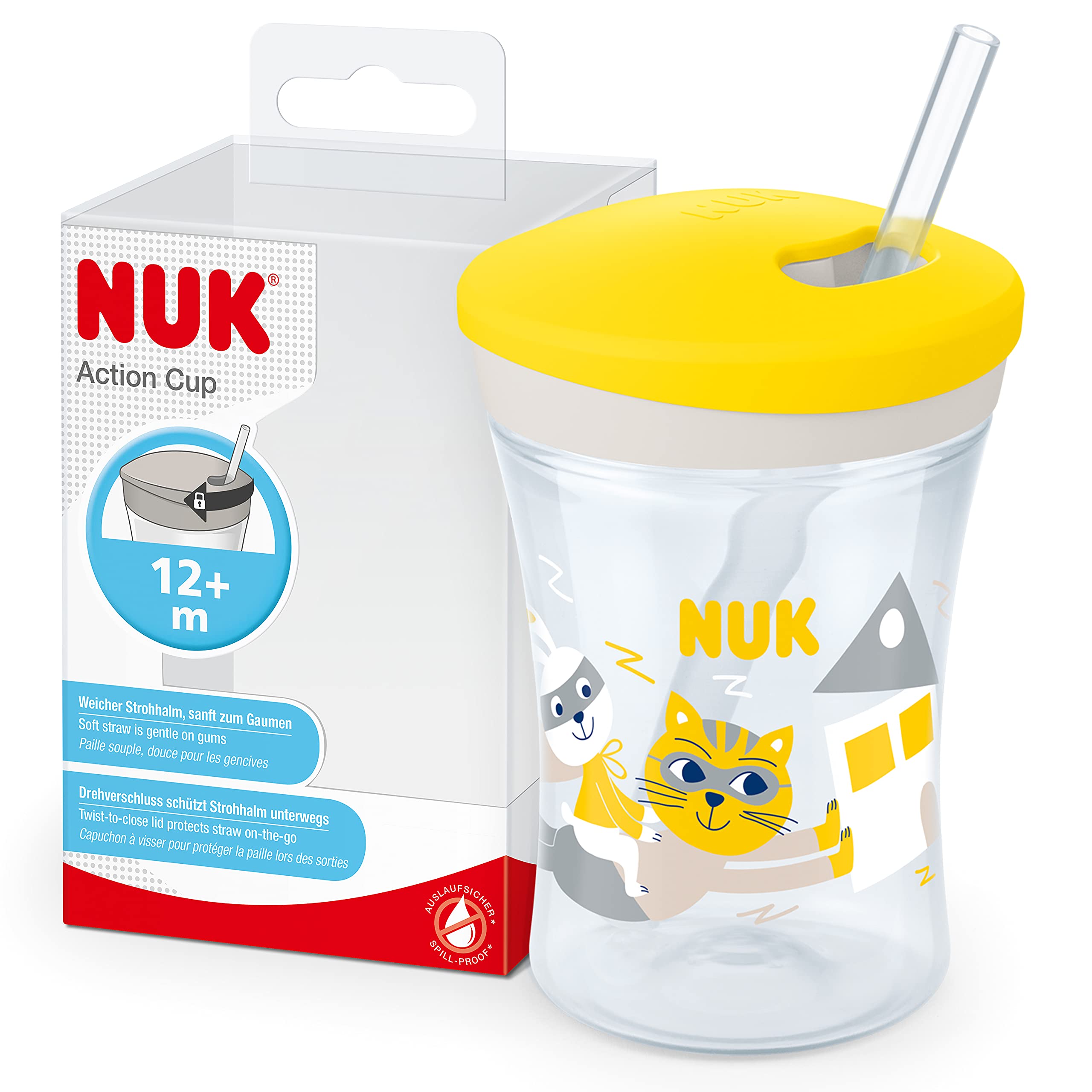 Kubek dla malucha NUK Action Cup | Od 12 miesiąca | Zakręcany, z miękką słomką | Szczelny | Nie zawiera BPA | 230 ml | Kot (żółty)