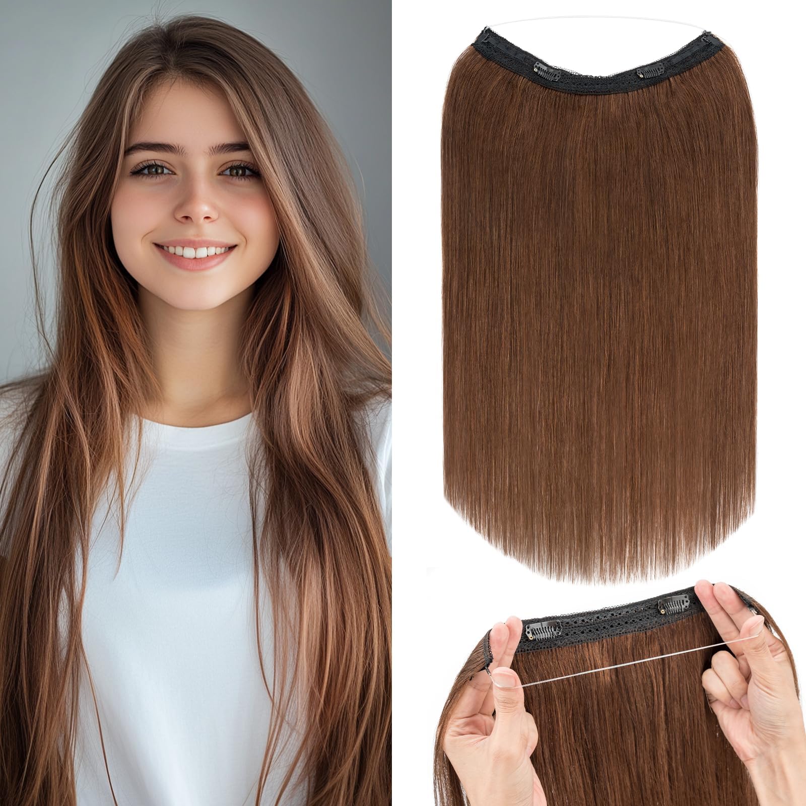 Rich Choices Halo Hair Extensions Real Human Hair 100% Remy Human Hair Halo Extensions for Women Invisible Wire Hair Extensions 16 Inch #4 Medium