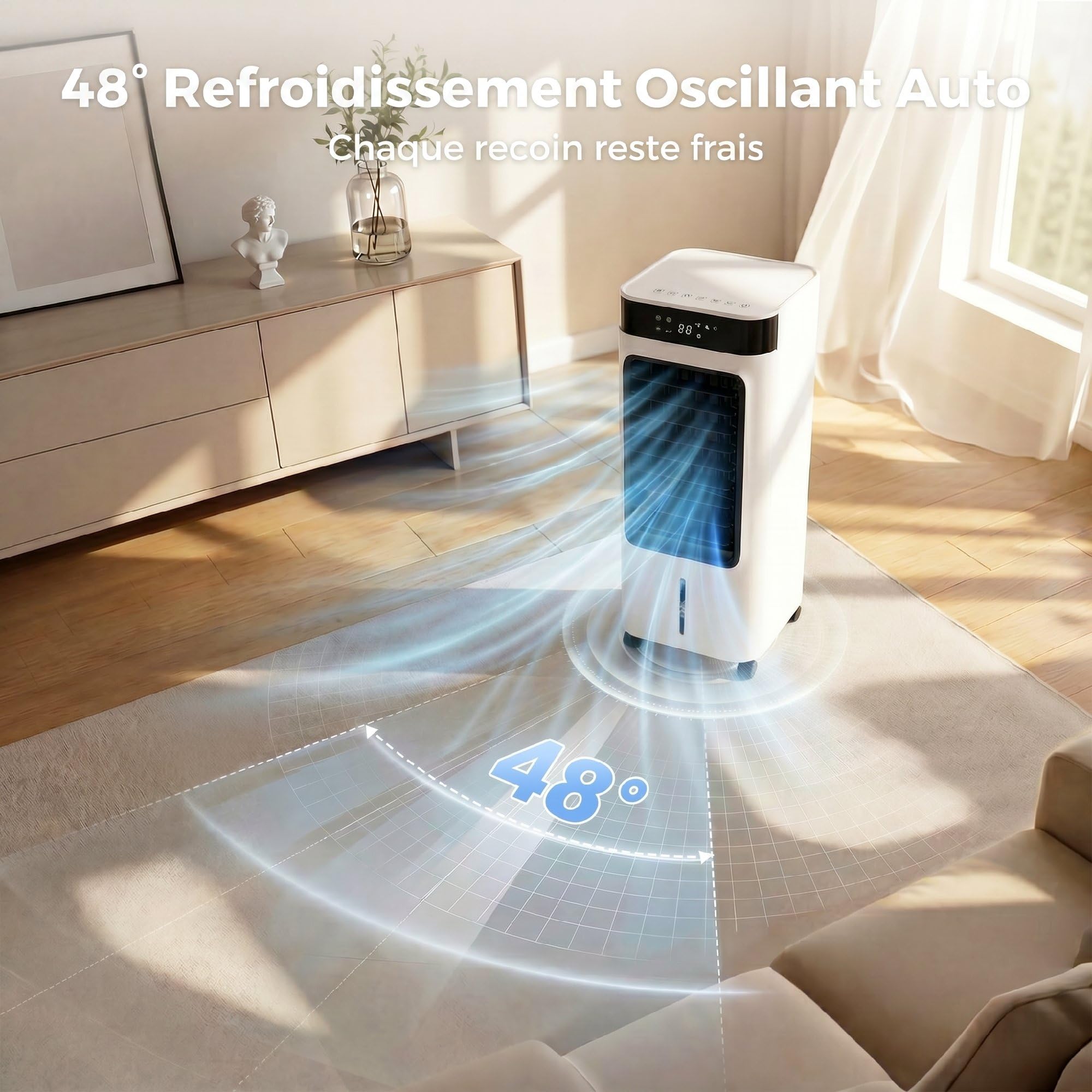 HOMCOM Refroidisseur d'air portable 3 en 1 refroidisseur humidificateur et ventilateur, oscillation 48°, 3 vitesses 3 modes, réservoir d'eau 7L, blocs de glace, télécommande, panneau tactile, blanc
